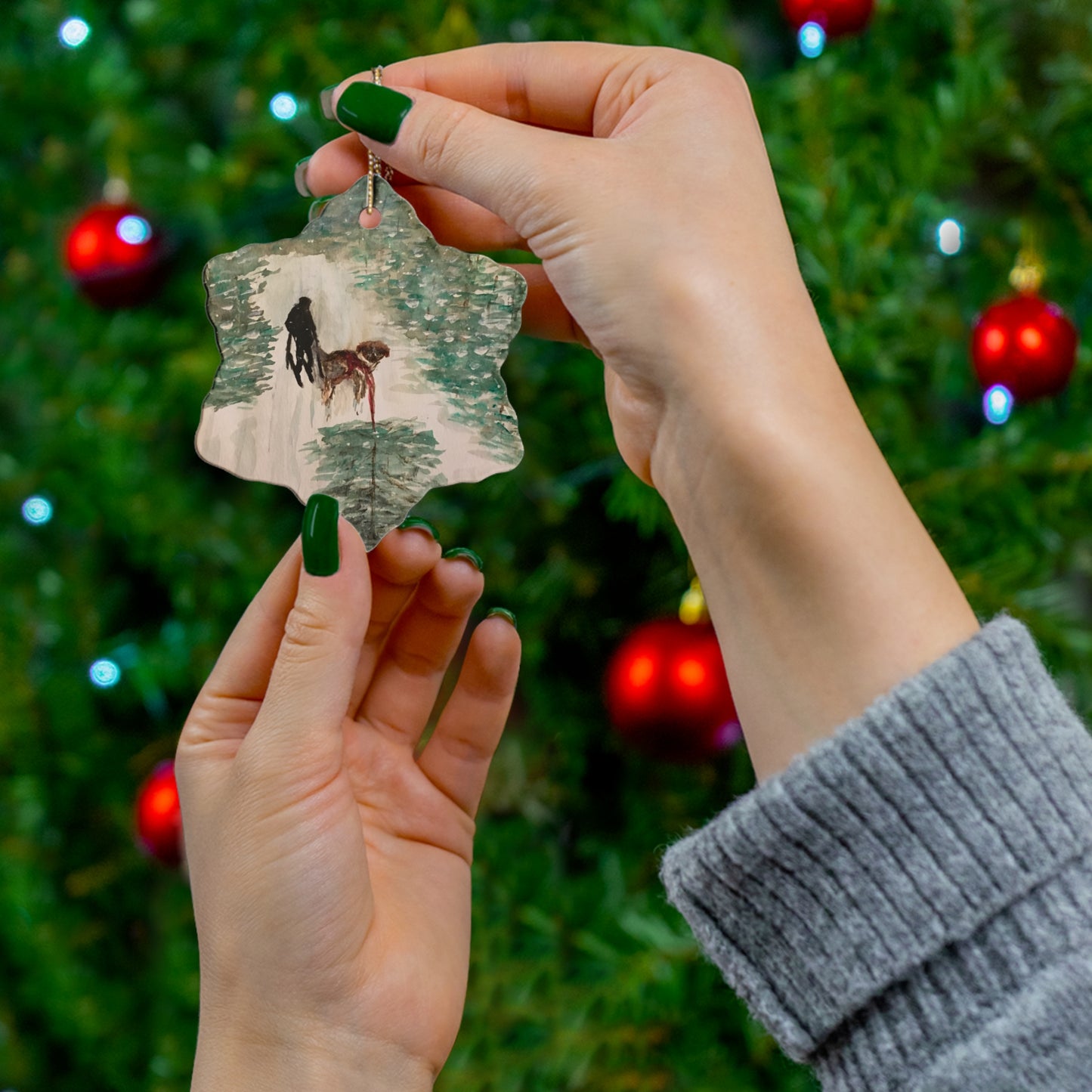 Skier Dog Pulling Tree Hanging Ceramic Ornament, 4 Shapes Circle, Snowflake, Heart, Star, Christmas Tree, Holiday, Decor, Gifts, Snow Forest