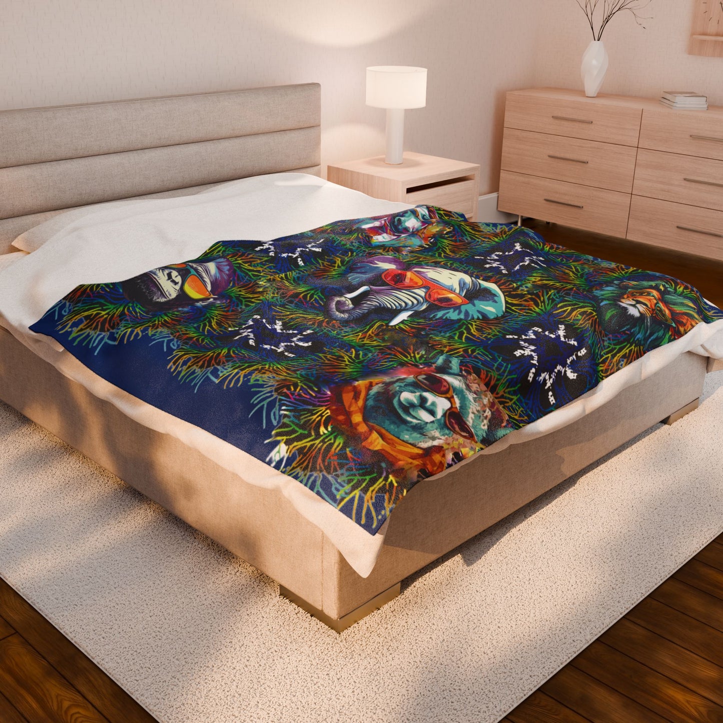 Blue Wild & Cool Creatures Velveteen Blanket, Animals, Cozy Throw, Home Decor, Gift, Bed Cover Vibrant Couch Blanket Kids Birthday Christmas
