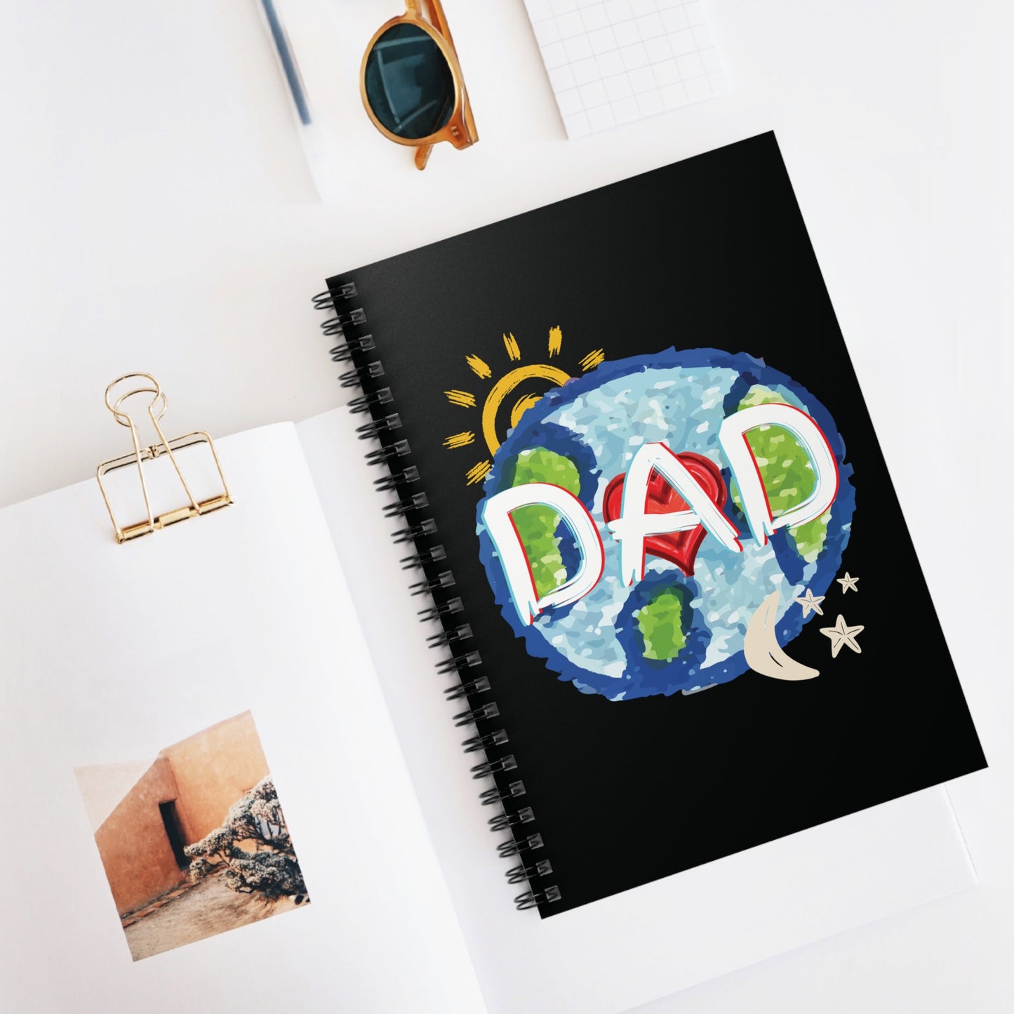 DAD Black Spiral Notebook - Ruled Line, Whole World, Sun, Moon & Stars, Heart - Fathers Day Gifts