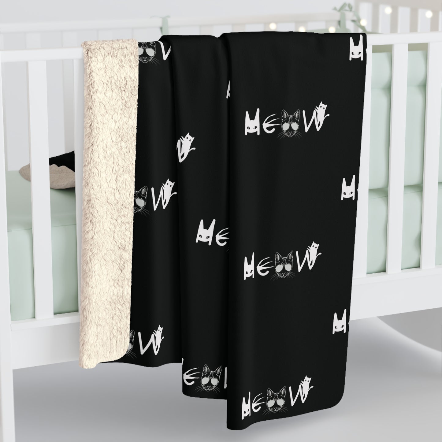 Meow Pattern Black & White Sherpa Fleece Blanket, Cats, Halloween, Sassy, Home Decor, Soft, Cozy, Gift, Gender Neutral, Throw, 50x60 60x80