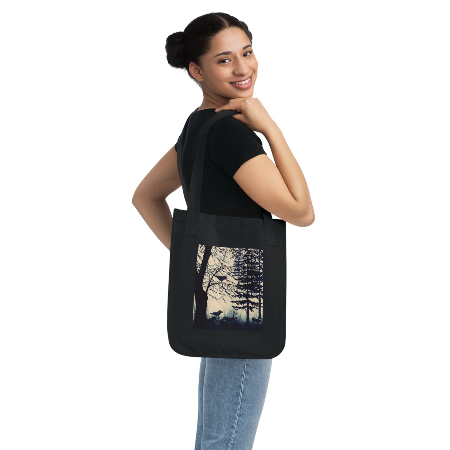 Crows in Forest Organic Canvas Tote Bag, Groceries, Shopping, Eco Friendly, Gift Bags, 100% Organic Cotton, Beige, Black, Nature, Halloween