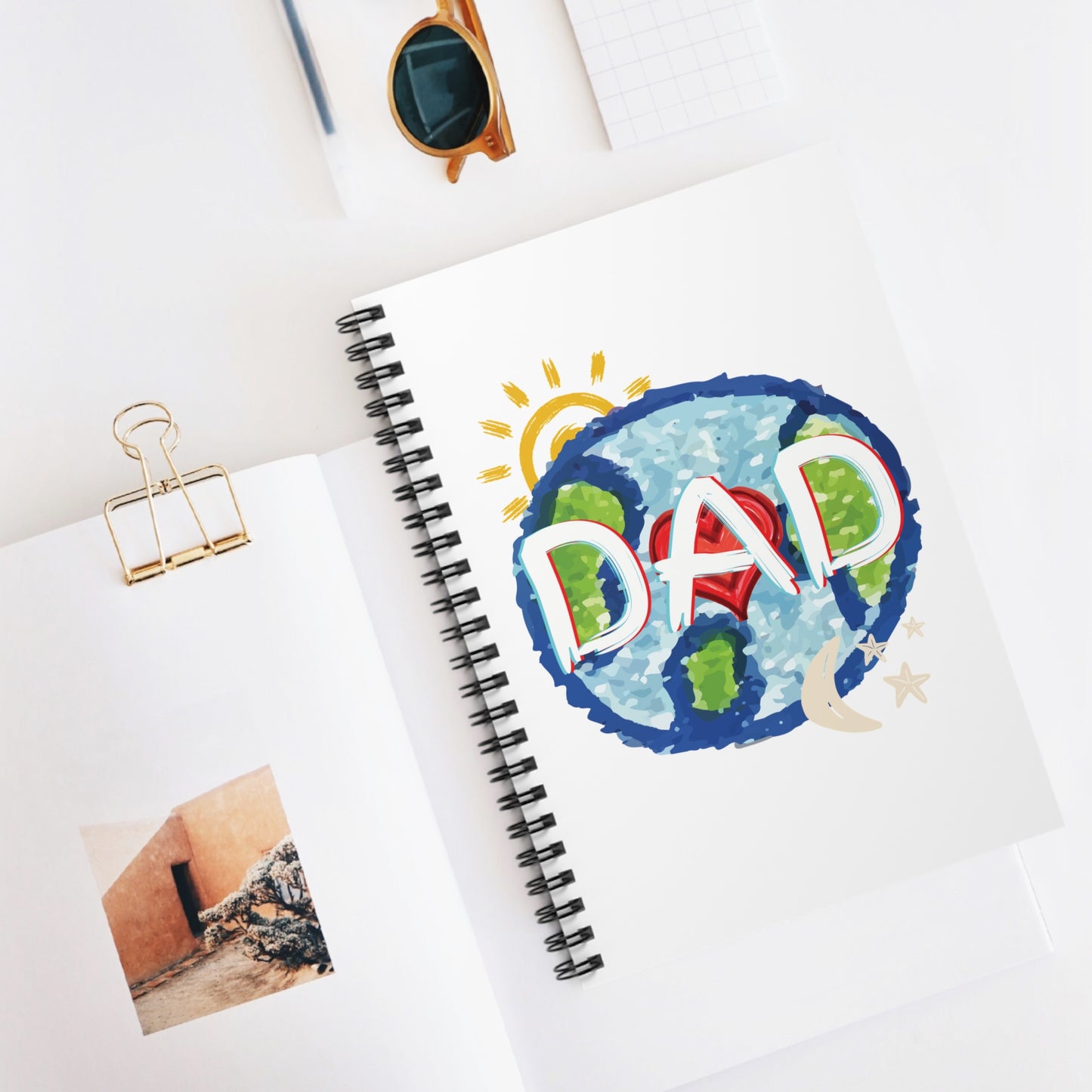 DAD White Spiral Notebook, Ruled Line, Whole World, Sun, Moon & Stars, Heart, Love, Fathers Day, Gifts for Men, Writing, Journal, Paper