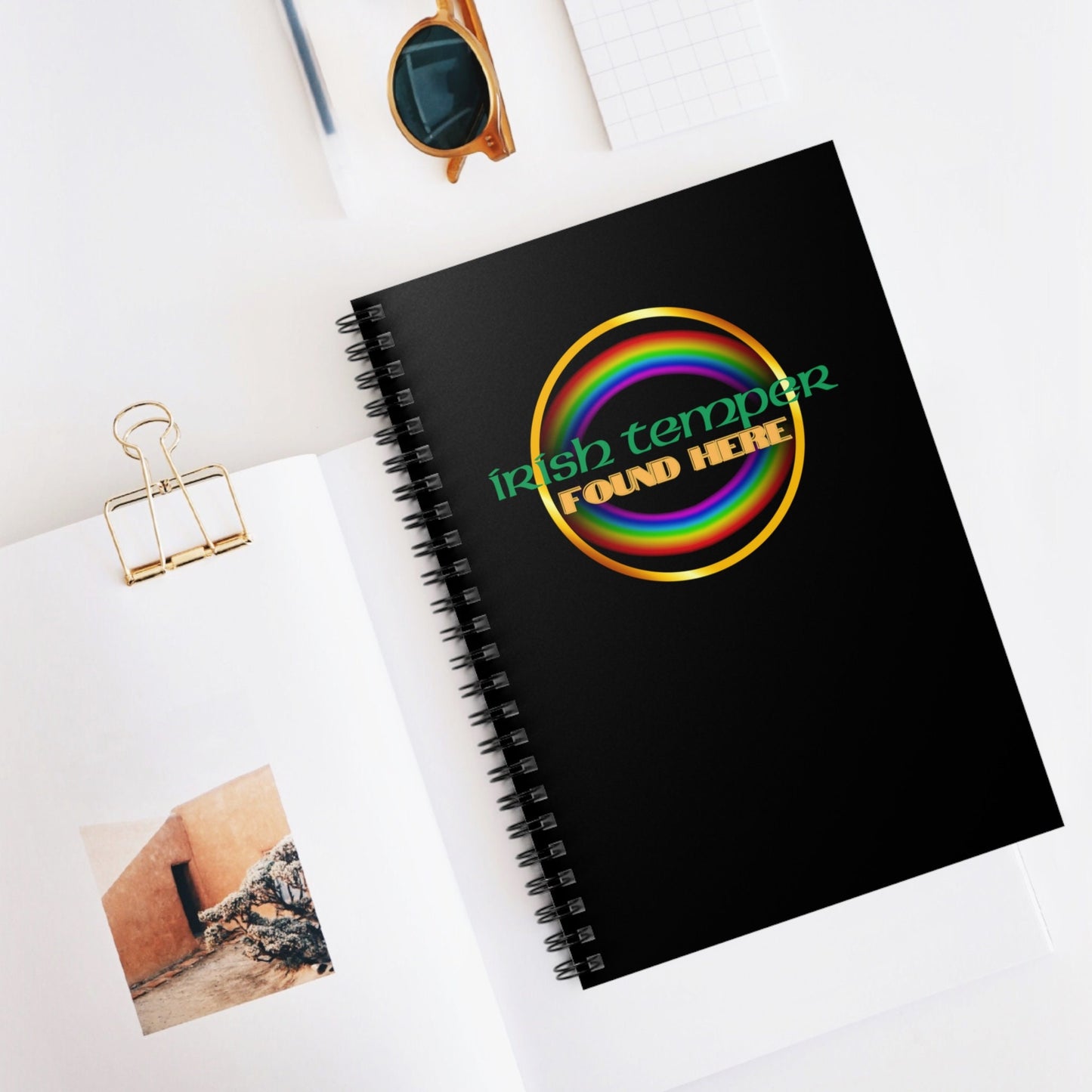 Irish Temper Found Here Black Spiral Notebook, Ruled Line, rainbow, gender neutral, journal, gift, teens, adults, kids, friends, St Patricks