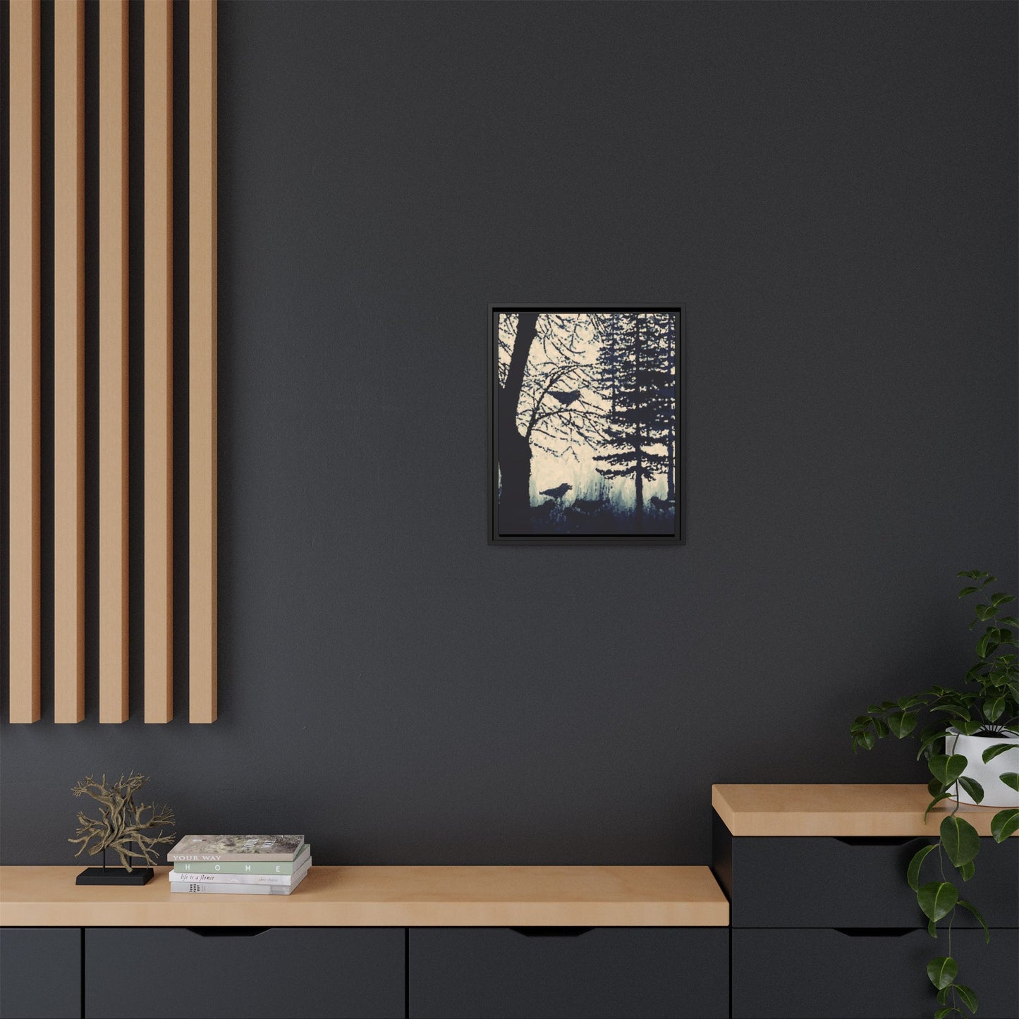 Black Frame Crows in Forest, Dark Black & White, Matte Canvas, Original Artwork, Wall Art, Decor, Trees, Birds, Nature, Gift, Eco, Halloween