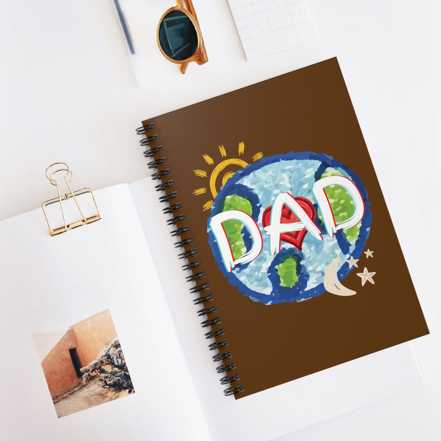 DAD Brown Spiral Notebook, Ruled Line, Whole World, Sun, Moon & Stars, Heart, Love, Fathers Day, Gifts for Men, Writing, Journal, Paper