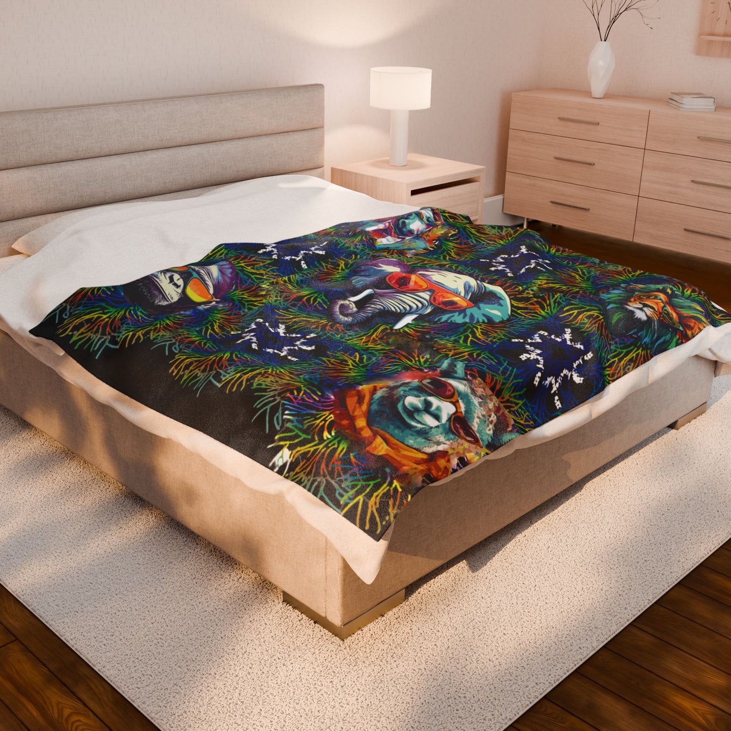 Black Wild & Cool Creatures Velveteen Blanket, Animals, Cozy Throw Home Decor, Gift, Bed Cover Vibrant Couch Blanket Kids Birthday Christmas