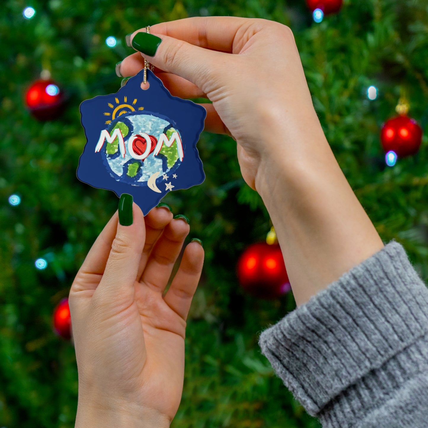 MOM Hanging Ceramic Ornament, Whole World, Sun Moon & Stars, Heart, Circle Snowflake Heart Star, Christmas Tree, Holiday, Mothers Day, Gifts