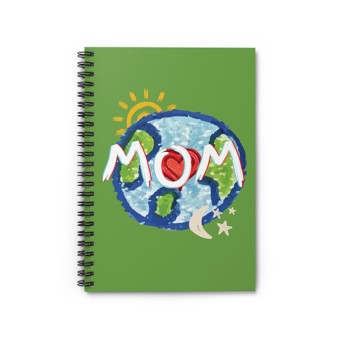 MOM Green Spiral Notebook, Ruled Line, Whole World, Sun, Moon & Stars, Heart, Love, Mothers Day, Gifts for Women, Writing, Journal, Paper