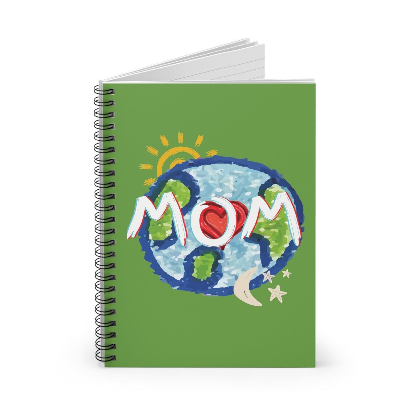 MOM Green Spiral Notebook, Ruled Line, Whole World, Sun, Moon & Stars, Heart, Love, Mothers Day, Gifts for Women, Writing, Journal, Paper
