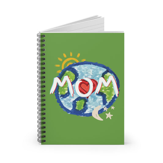 MOM Green Spiral Notebook, Ruled Line, Whole World, Sun, Moon & Stars, Heart, Love, Mothers Day, Gifts for Women, Writing, Journal, Paper