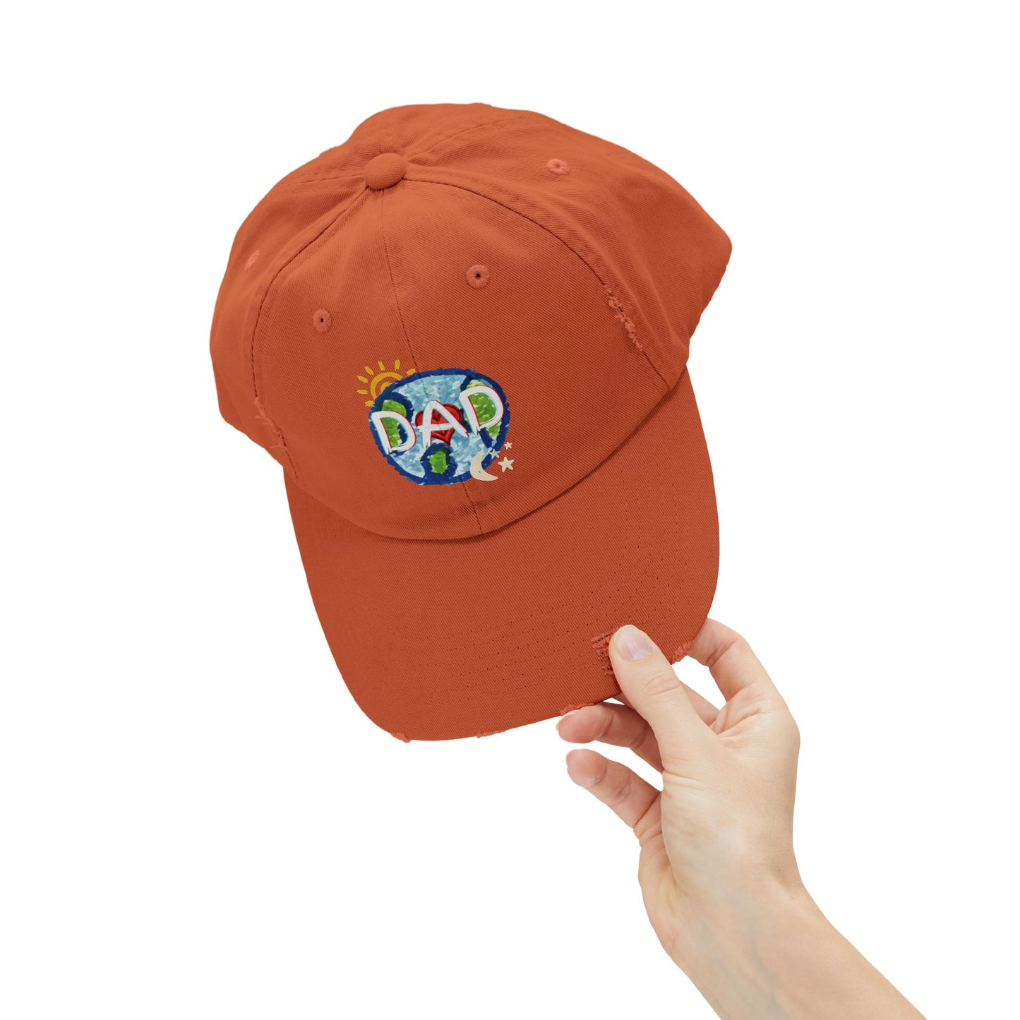 DAD Unisex Distressed Cap, Whole World, Sun, Moon & Stars, Heart, Fathers Day, Gift, Hats, Cotton Twill, Adjustable, Gifts for Men