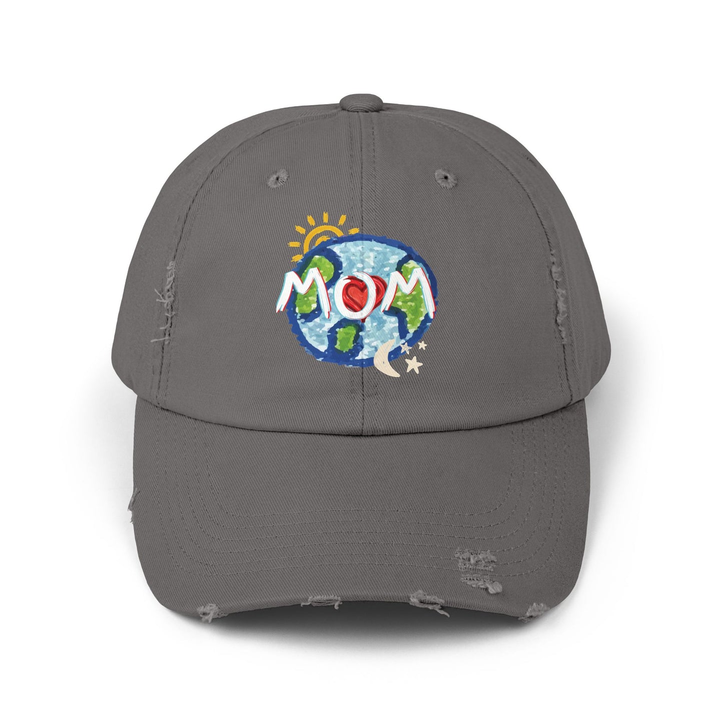 MOM Unisex Distressed Cap, Whole World, Sun, Moon & Stars, Heart, Mothers Day, Gifts for Women, Gift, Hats, Cotton Twill, Adjustable