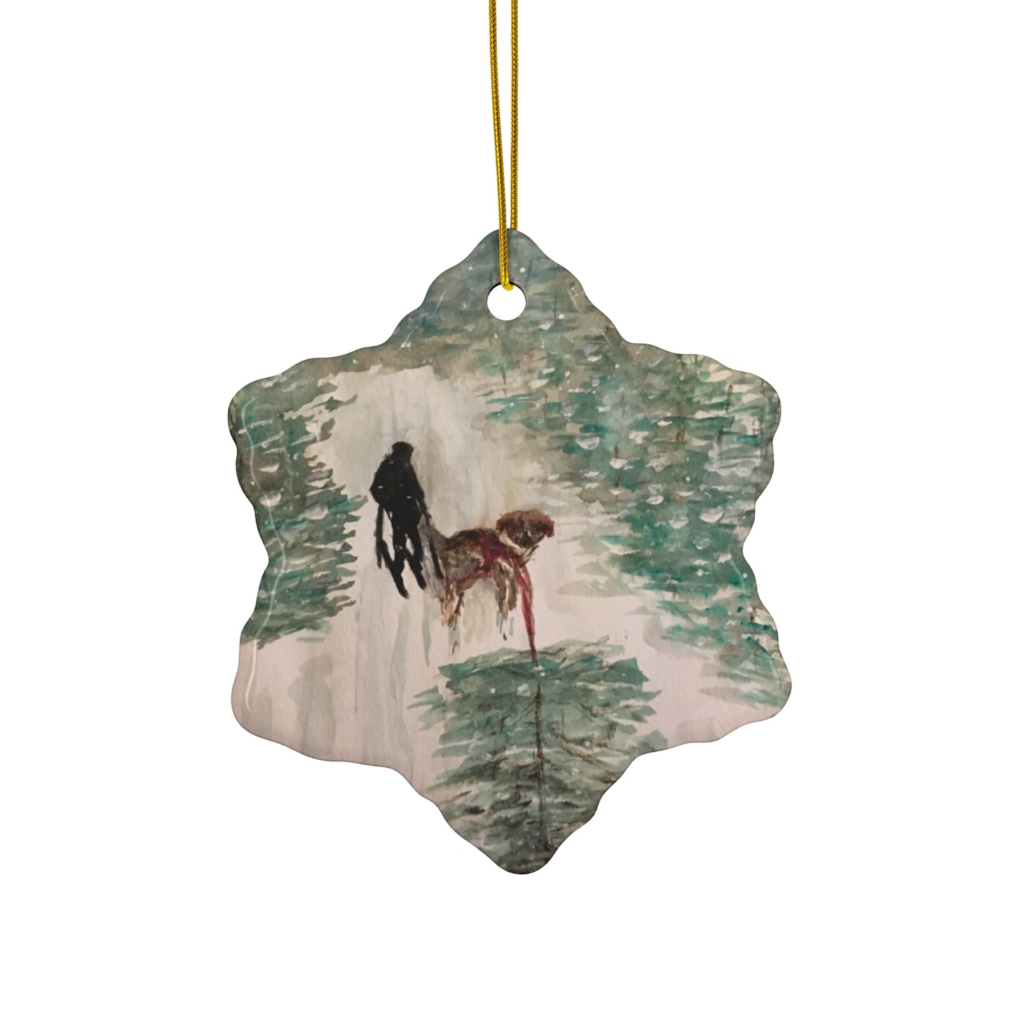 Skier Dog Pulling Tree Hanging Ceramic Ornament, 4 Shapes Circle, Snowflake, Heart, Star, Christmas Tree, Holiday, Decor, Gifts, Snow Forest
