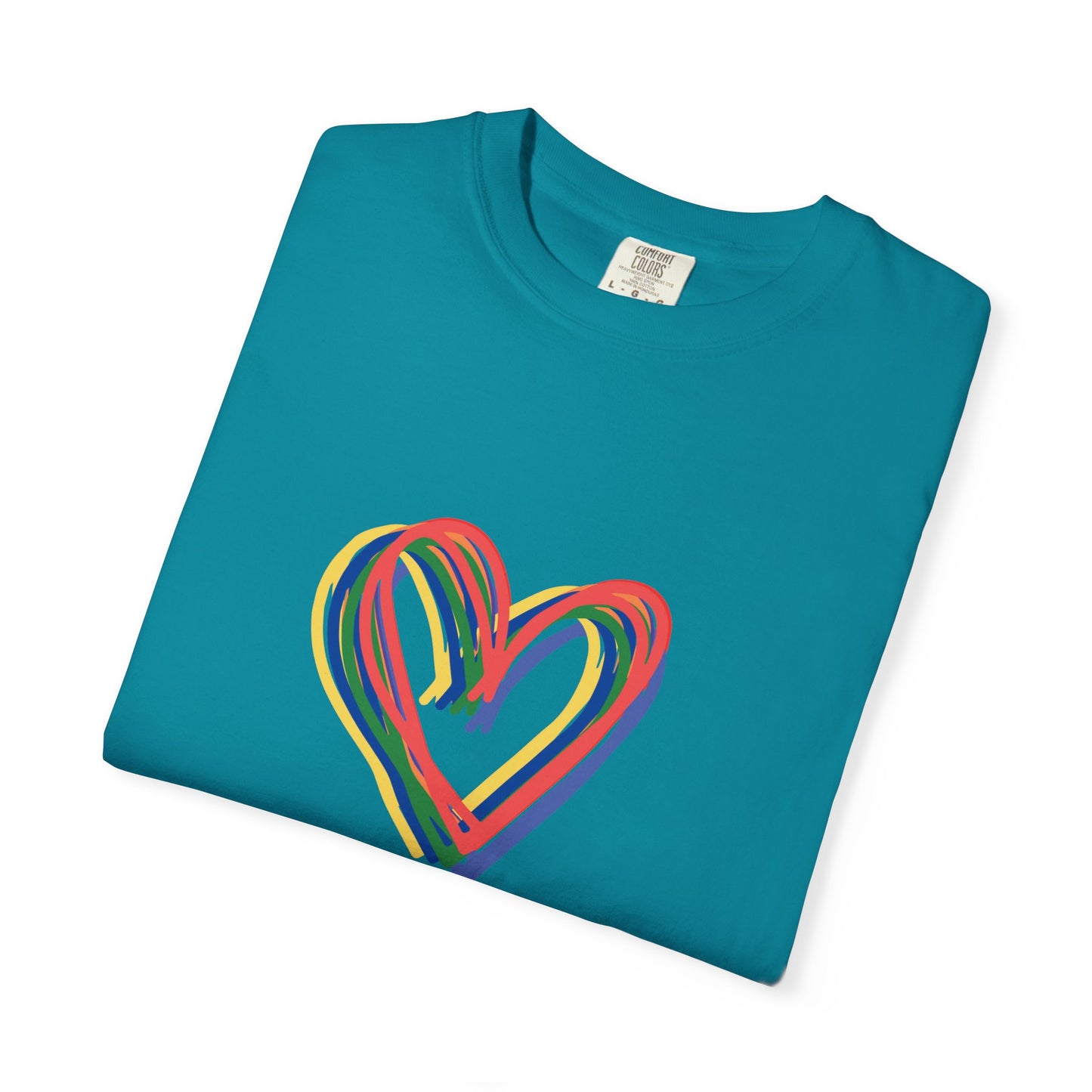 Rainbow Hearts Unisex Garment-Dyed T-shirt, love, Pride, gender neutral, casual, men, women, relaxed, soft, preshrunk cotton, Valentines Day