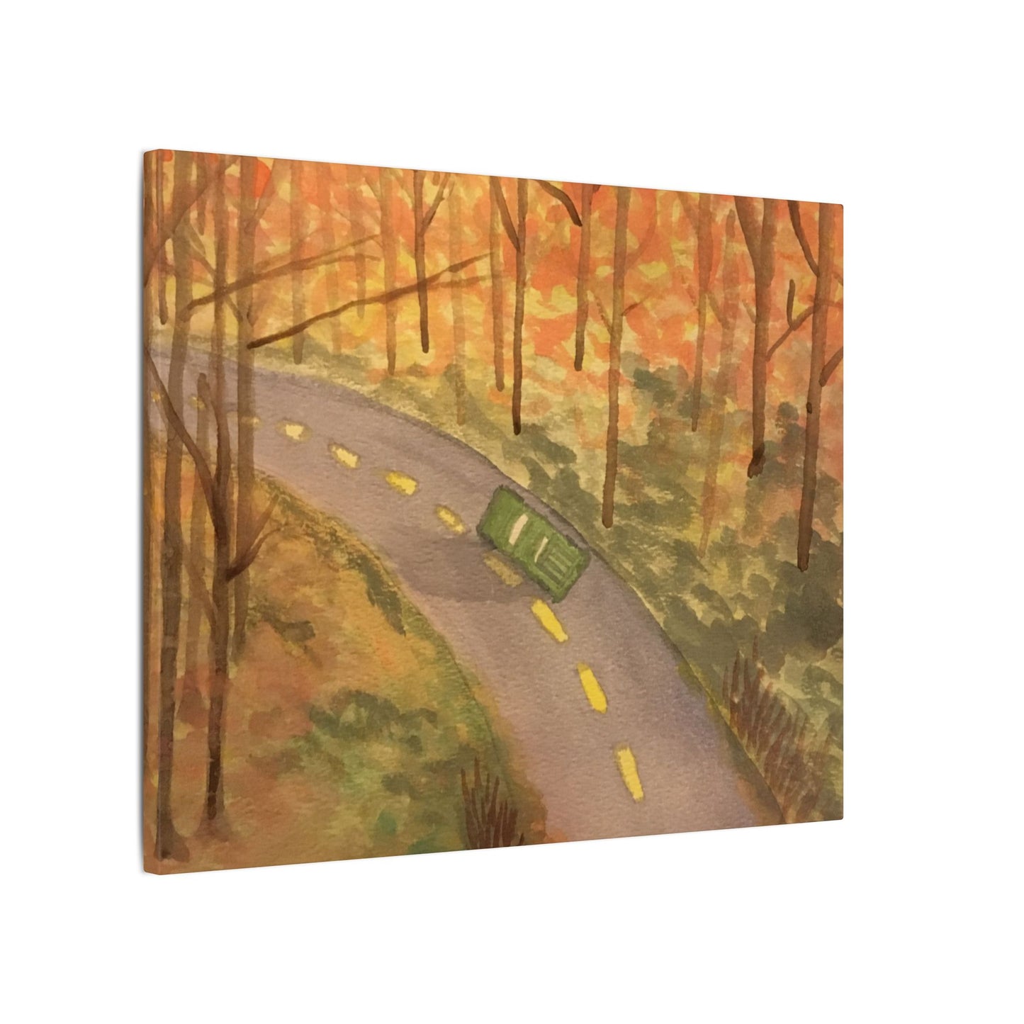 Canvas Wrap Autumn Drive in the Country, Nature, America, Trees, Original Watercolor Print, Artwork, Wall Art, Green Truck, Fall Leaves