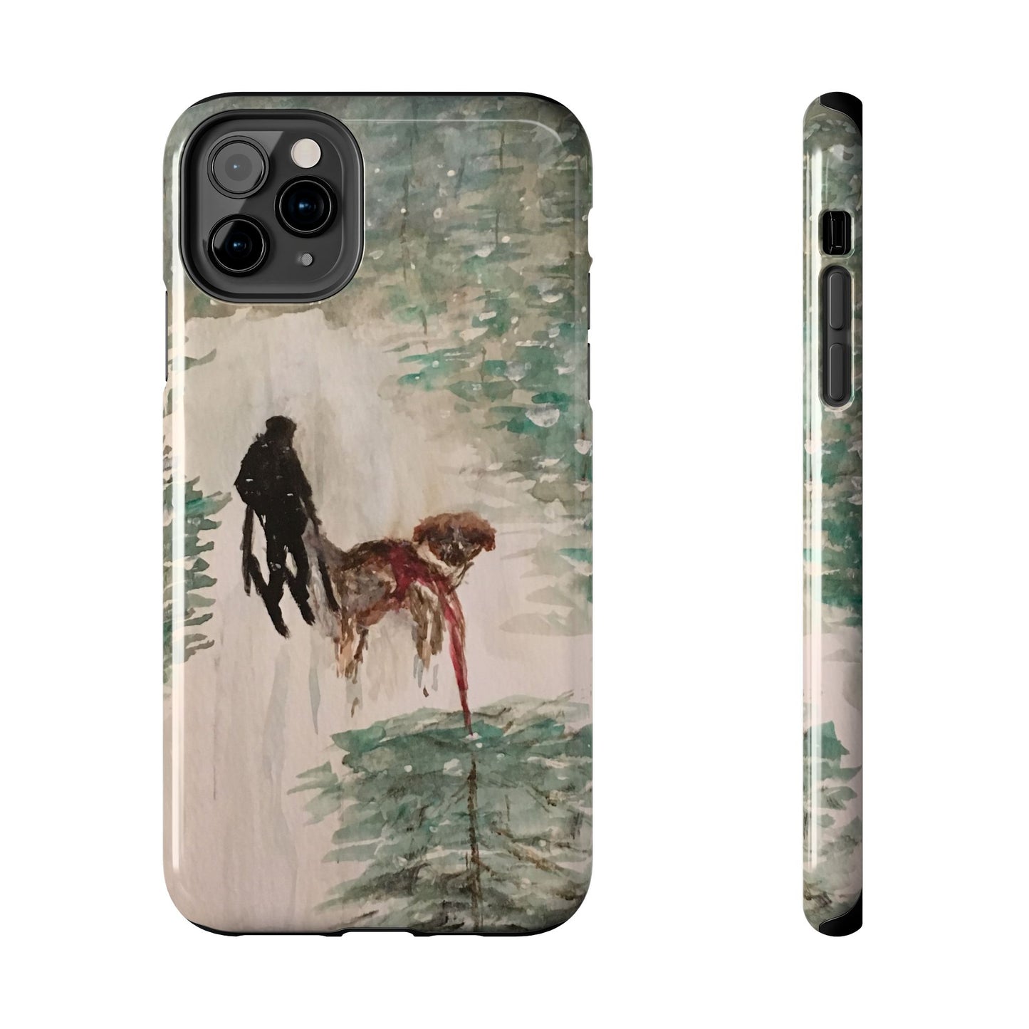 Skier Dog Pulling Tree Tough Phone Cases, iPhone & Samsung cases, wireless charging, pine trees, snow, original artwork, gifts, Christmas