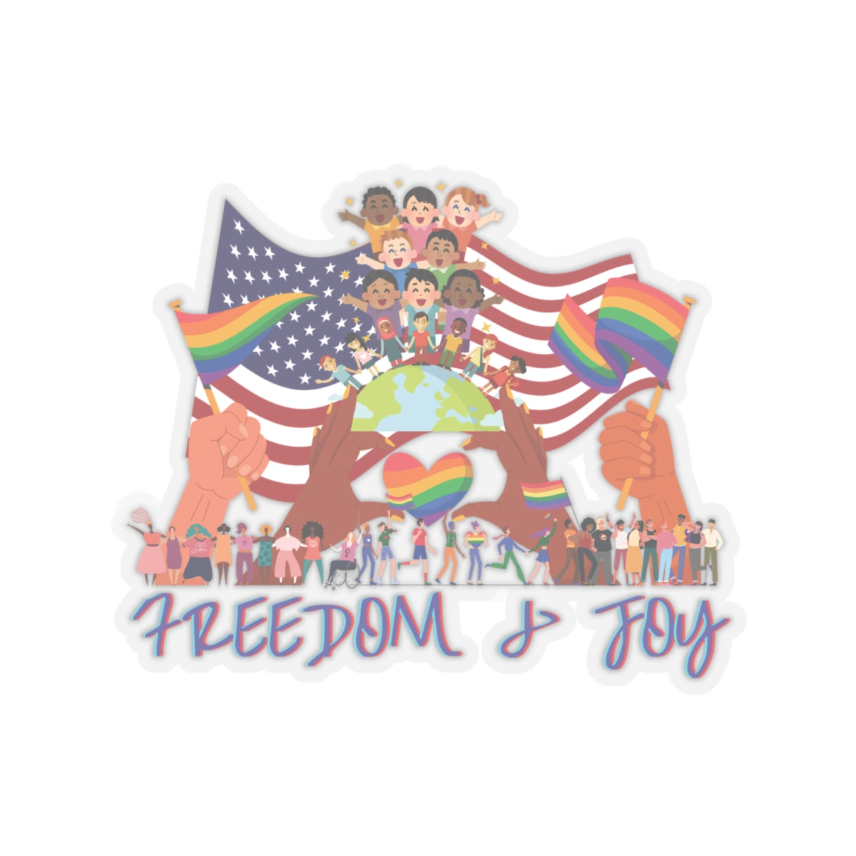 Freedom & Joy Graphic Kiss Cut Stickers, happy, equality, inclusion, patriotic, pride, colorful, gender neutral, student, gift, decorate