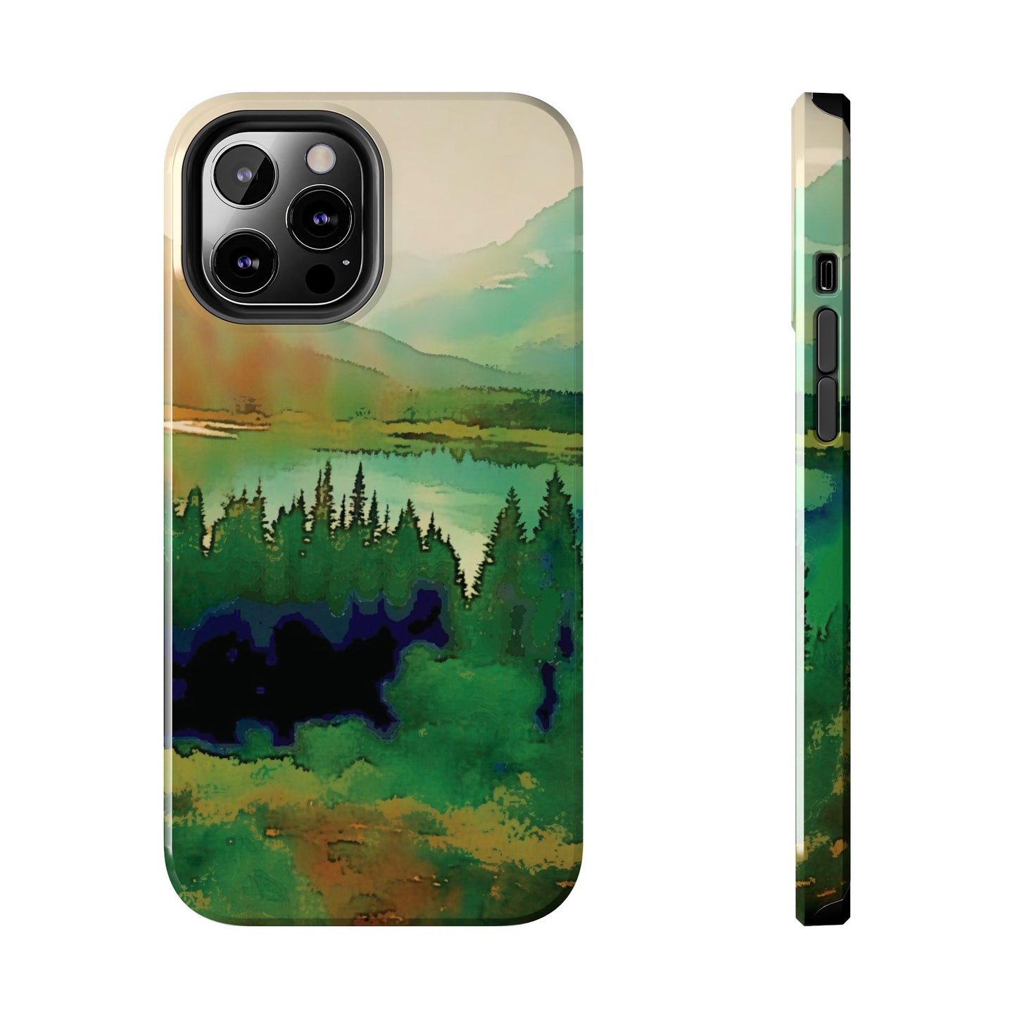 Mountain Lake Tough Phone Cases, iPhone & Samsung cases, wireless charging, trees, nature, colorful, original artwork, gifts, Christmas