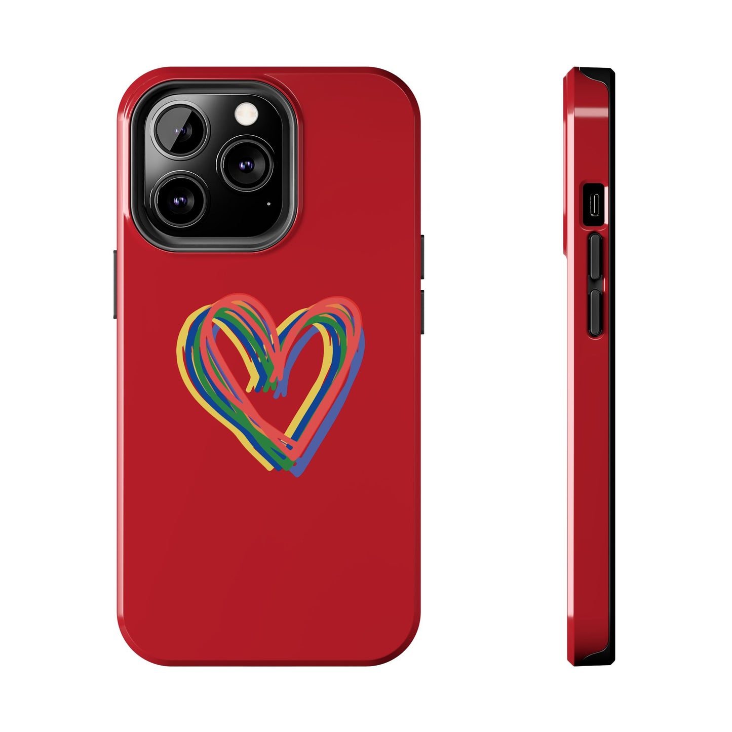 Rainbow Hearts Tough Phone Case, Red Phone Cover, Smartphone Case, Heart Pattern Phone Shell, Phone Hard Case, Colorful, Wireless Charging