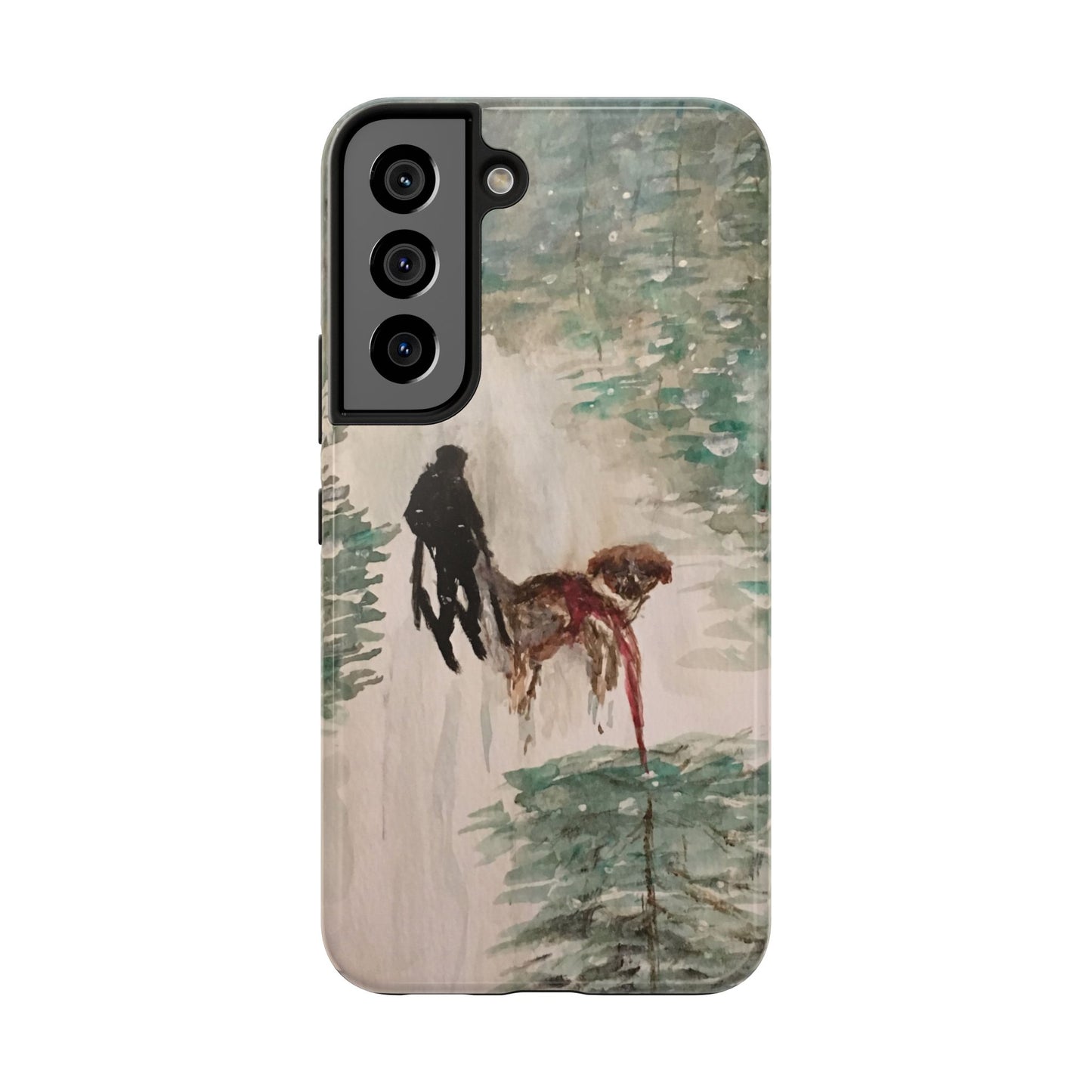 Skier Dog Pulling Tree Tough Phone Cases, iPhone & Samsung cases, wireless charging, pine trees, snow, original artwork, gifts, Christmas