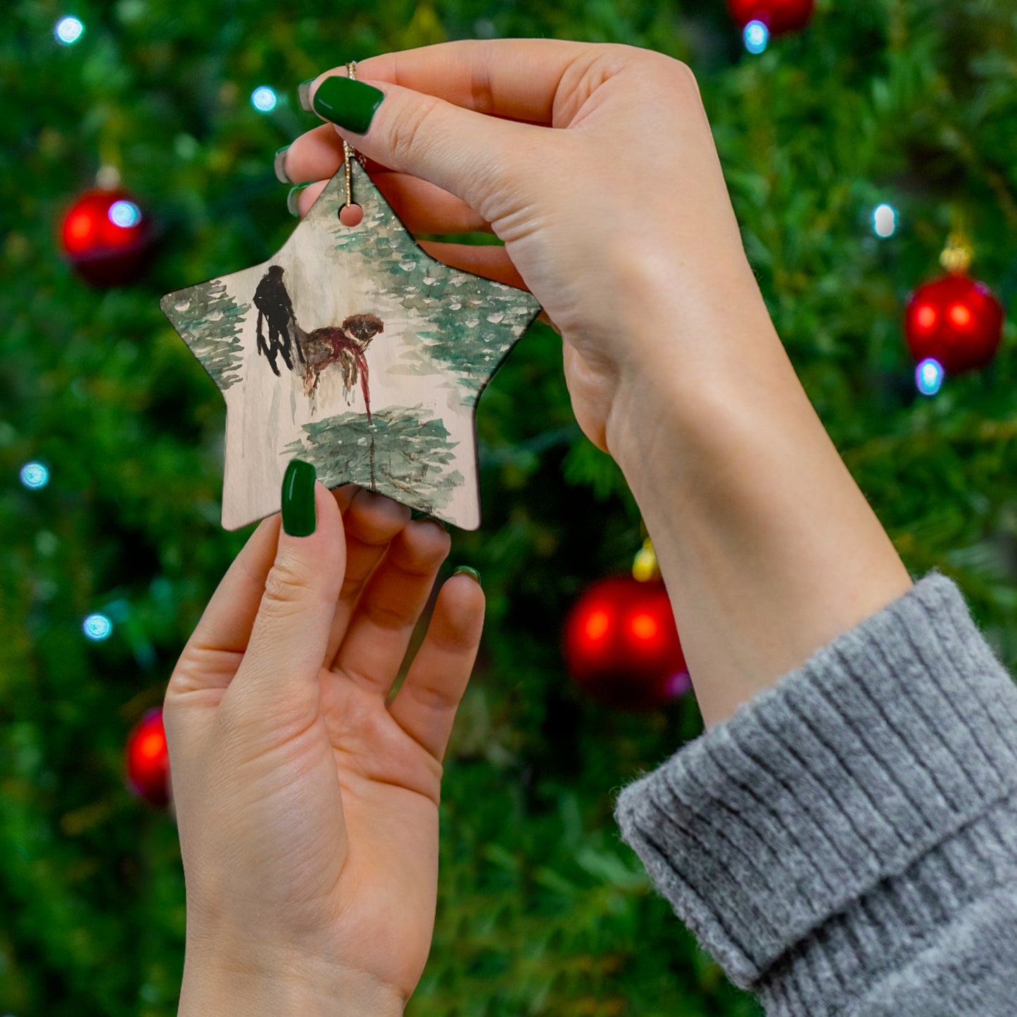 Skier Dog Pulling Tree Hanging Ceramic Ornament, 4 Shapes Circle, Snowflake, Heart, Star, Christmas Tree, Holiday, Decor, Gifts, Snow Forest