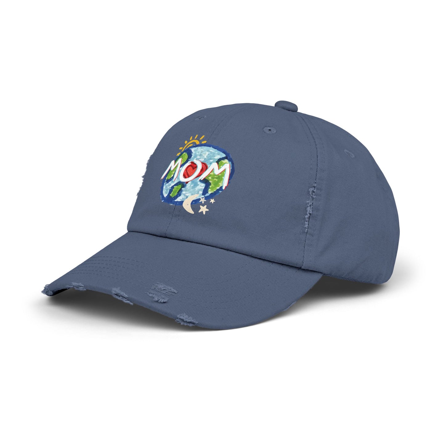 MOM Unisex Distressed Cap, Whole World, Sun, Moon & Stars, Heart, Mothers Day, Gifts for Women, Gift, Hats, Cotton Twill, Adjustable