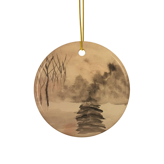 Winter Scene Hanging Ceramic Ornament, 2 Shapes, Round or Snowflake, Christmas Tree, Holiday, Gifts, Snow, Pine Trees, Forest