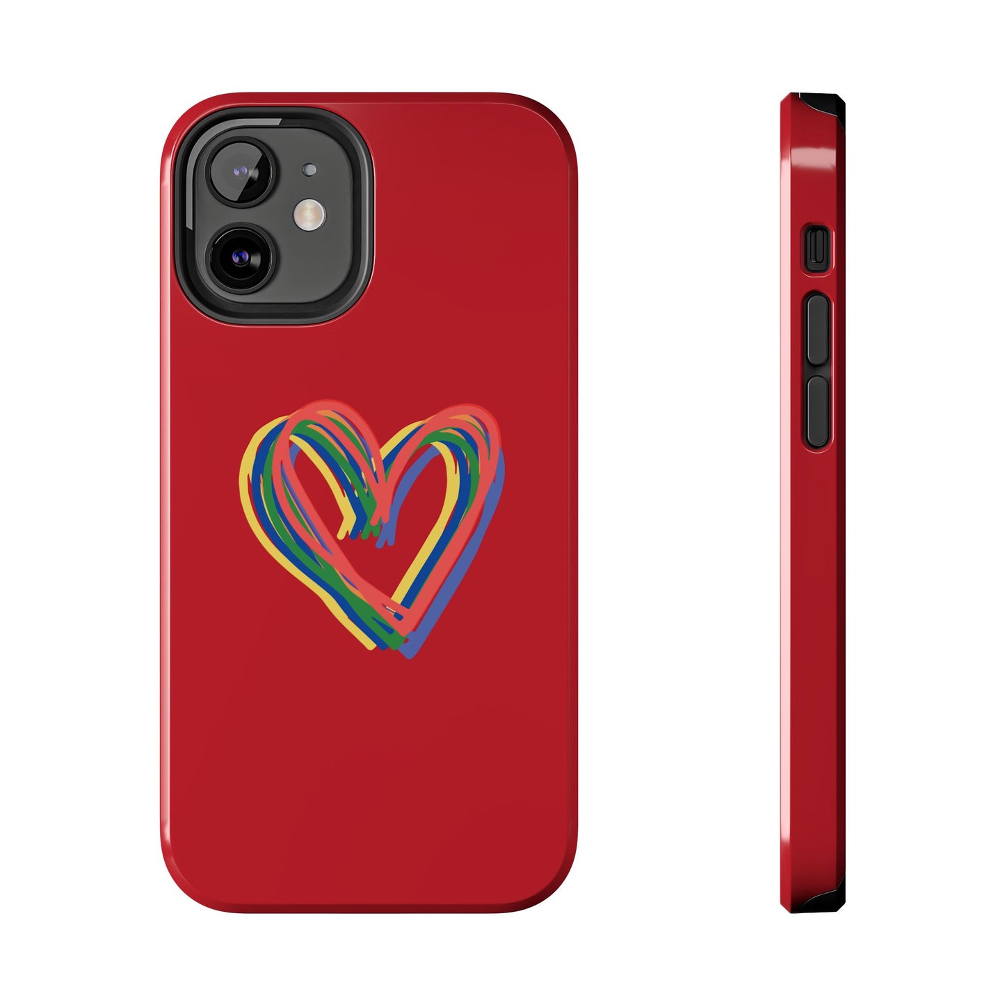 Rainbow Hearts Tough Phone Case, Red Phone Cover, Smartphone Case, Heart Pattern Phone Shell, Phone Hard Case, Colorful, Wireless Charging