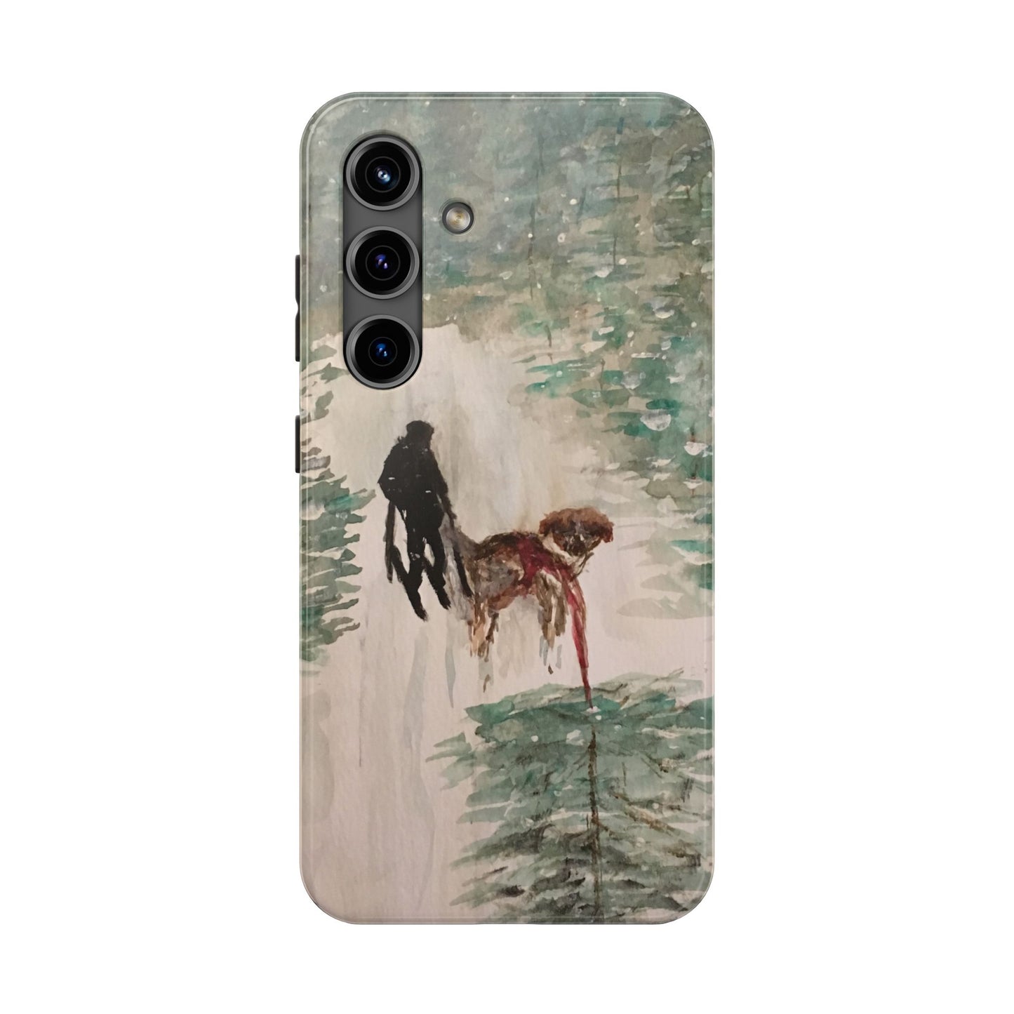 Skier Dog Pulling Tree Tough Phone Cases, iPhone & Samsung cases, wireless charging, pine trees, snow, original artwork, gifts, Christmas