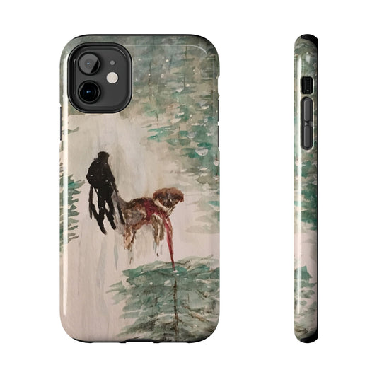 Skier Dog Pulling Tree Tough Phone Cases, iPhone & Samsung cases, wireless charging, pine trees, snow, original artwork, gifts, Christmas