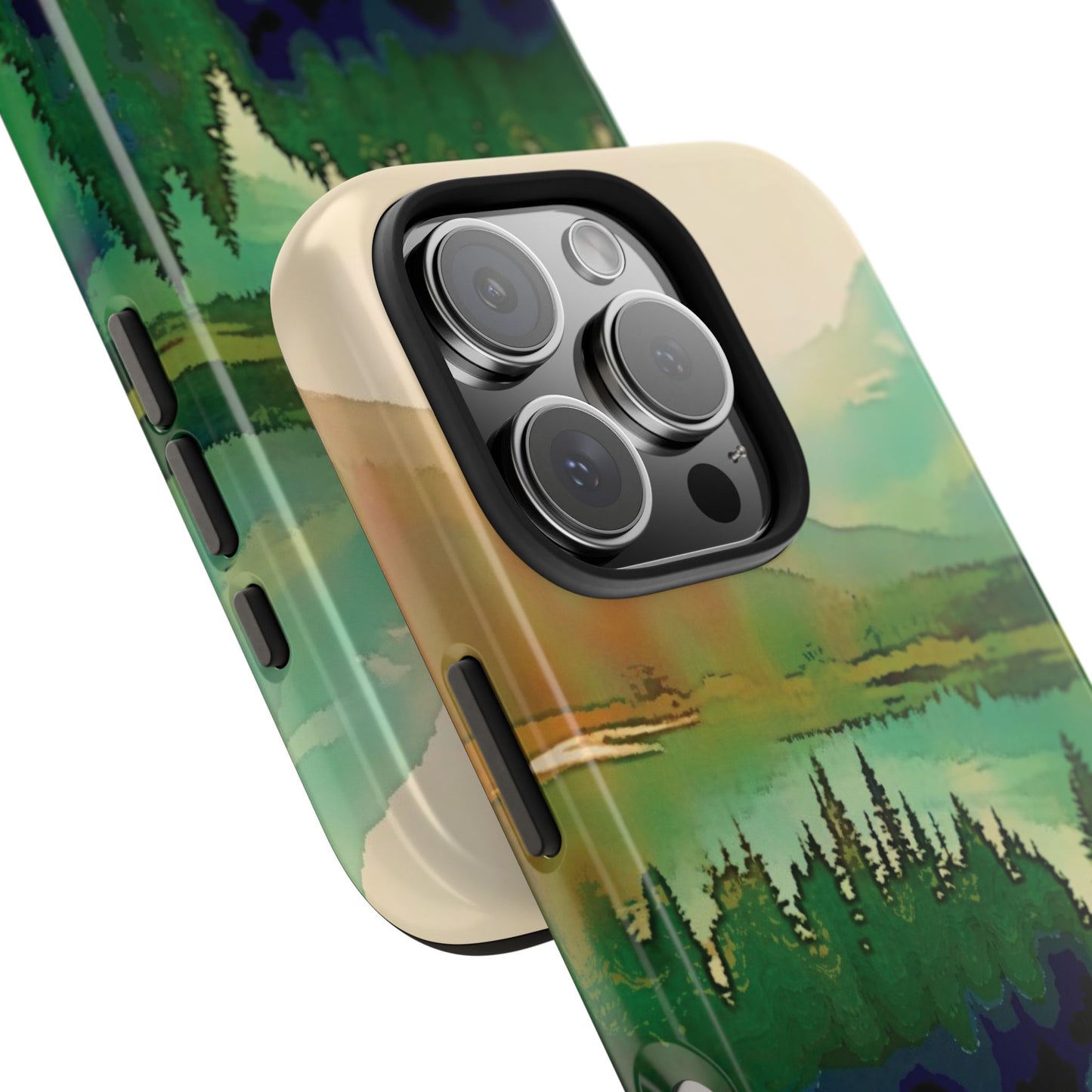 Mountain Lake Tough Phone Cases, iPhone & Samsung cases, wireless charging, trees, nature, colorful, original artwork, gifts, Christmas