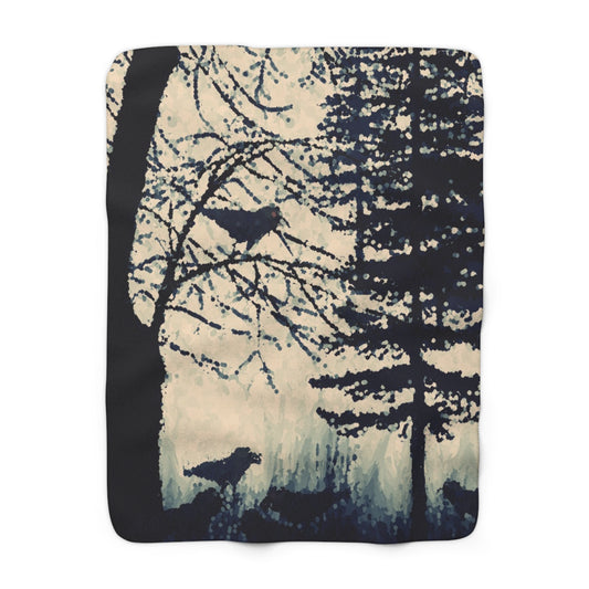 Crows in Forest Sherpa Fleece Blanket, Original Artwork, Home Decor, Cozy, Halloween, Holiday, Gift, Trees, Birds, Nature, Throw 50x60 60x80