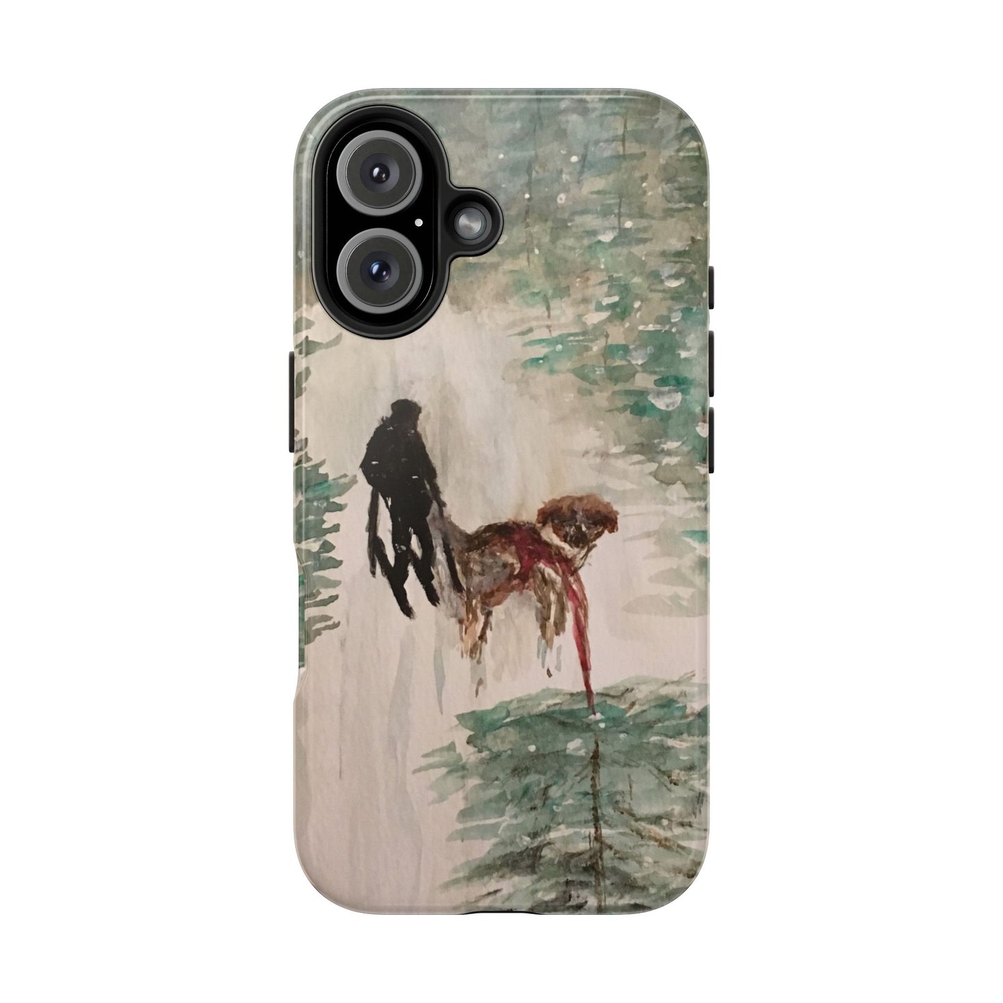 Skier Dog Pulling Tree Tough Phone Cases, iPhone & Samsung cases, wireless charging, pine trees, snow, original artwork, gifts, Christmas