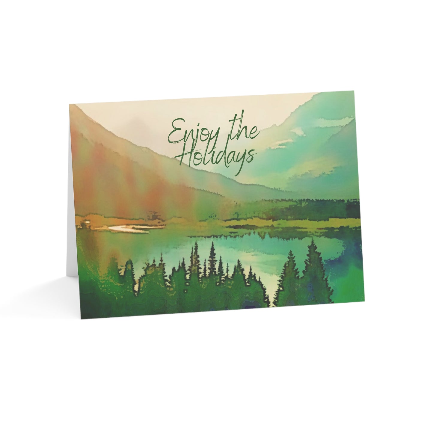Holiday Greeting Cards Original Artwork Mountain Lake (10, 30, & 50pcs), Enjoy the Holidays, Wishing Health Happiness New Year, 4 size/3 fin