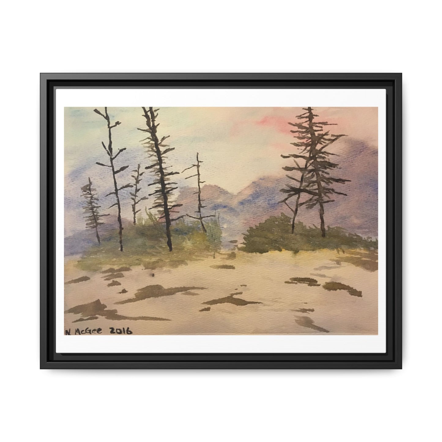 Black Frame Glacier National Park After Fire, Original Watercolor Print, Nature, Trees, Mountains, Forest, Artwork, Wall Art, Canvas, Gift
