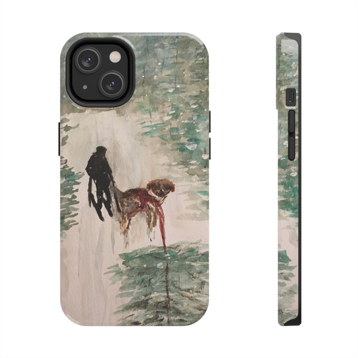Skier Dog Pulling Tree Tough Phone Cases, iPhone & Samsung cases, wireless charging, pine trees, snow, original artwork, gifts, Christmas