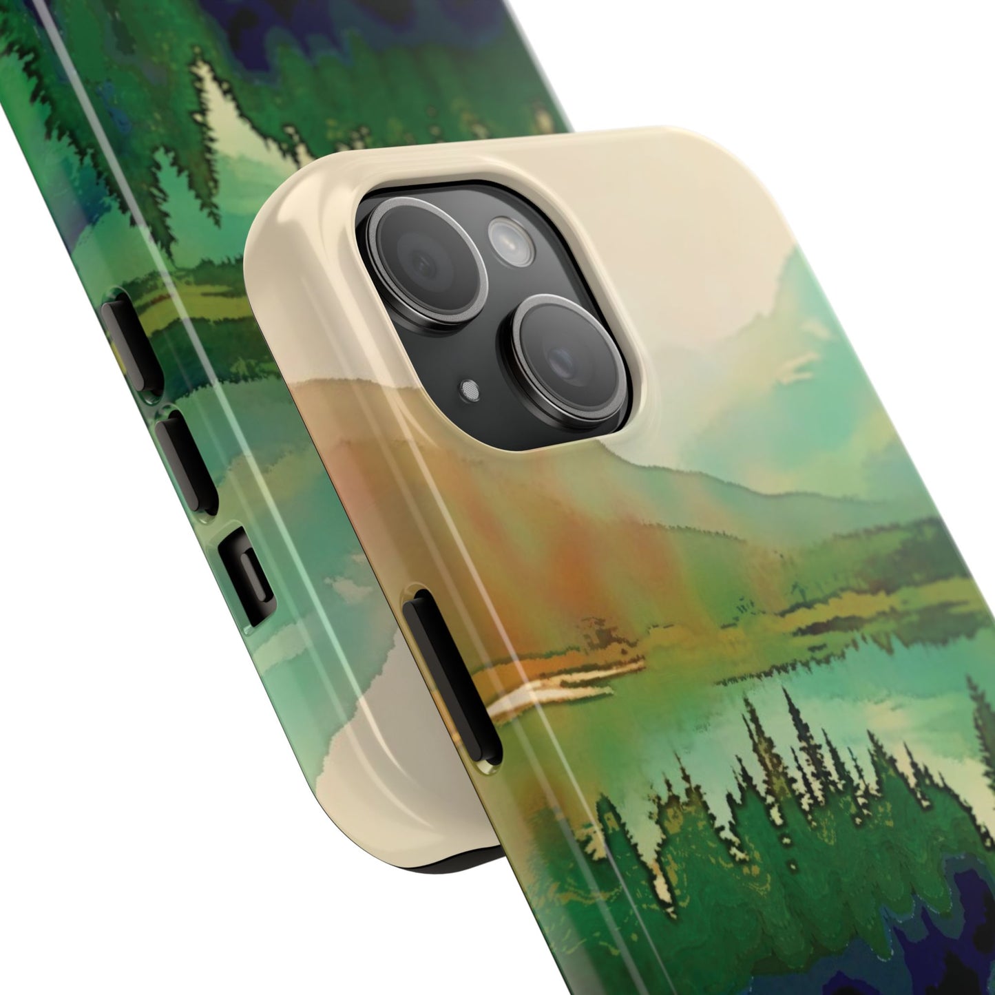 Mountain Lake Tough Phone Cases, iPhone & Samsung cases, wireless charging, trees, nature, colorful, original artwork, gifts, Christmas