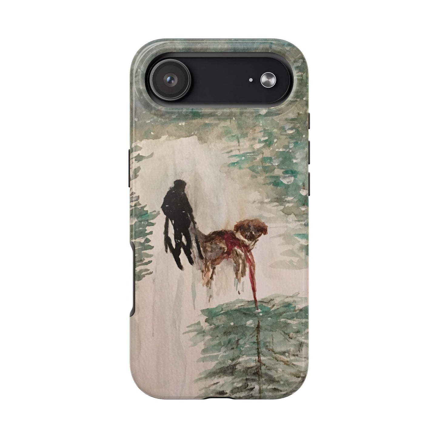 Skier Dog Pulling Tree Tough Phone Cases, iPhone & Samsung cases, wireless charging, pine trees, snow, original artwork, gifts, Christmas