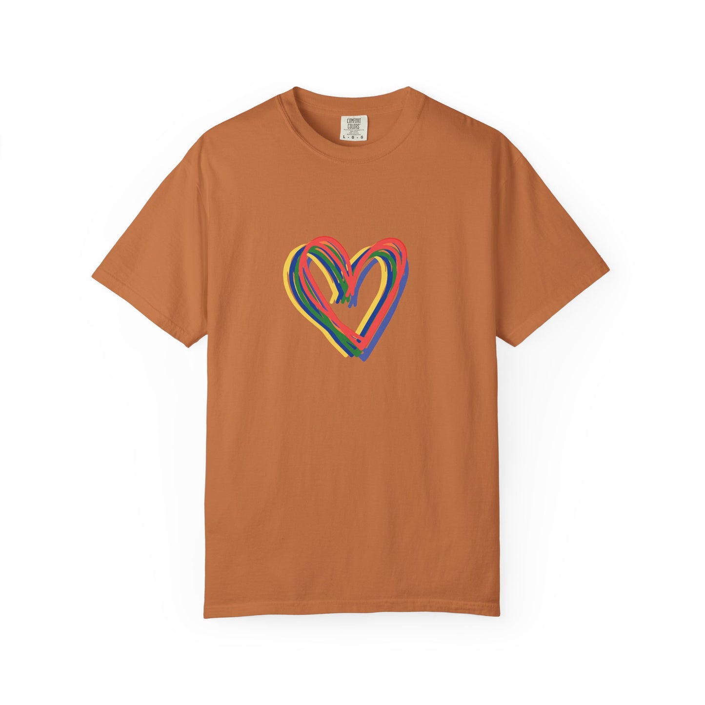 Rainbow Hearts Unisex Garment-Dyed T-shirt, love, Pride, gender neutral, casual, men, women, relaxed, soft, preshrunk cotton, Valentines Day