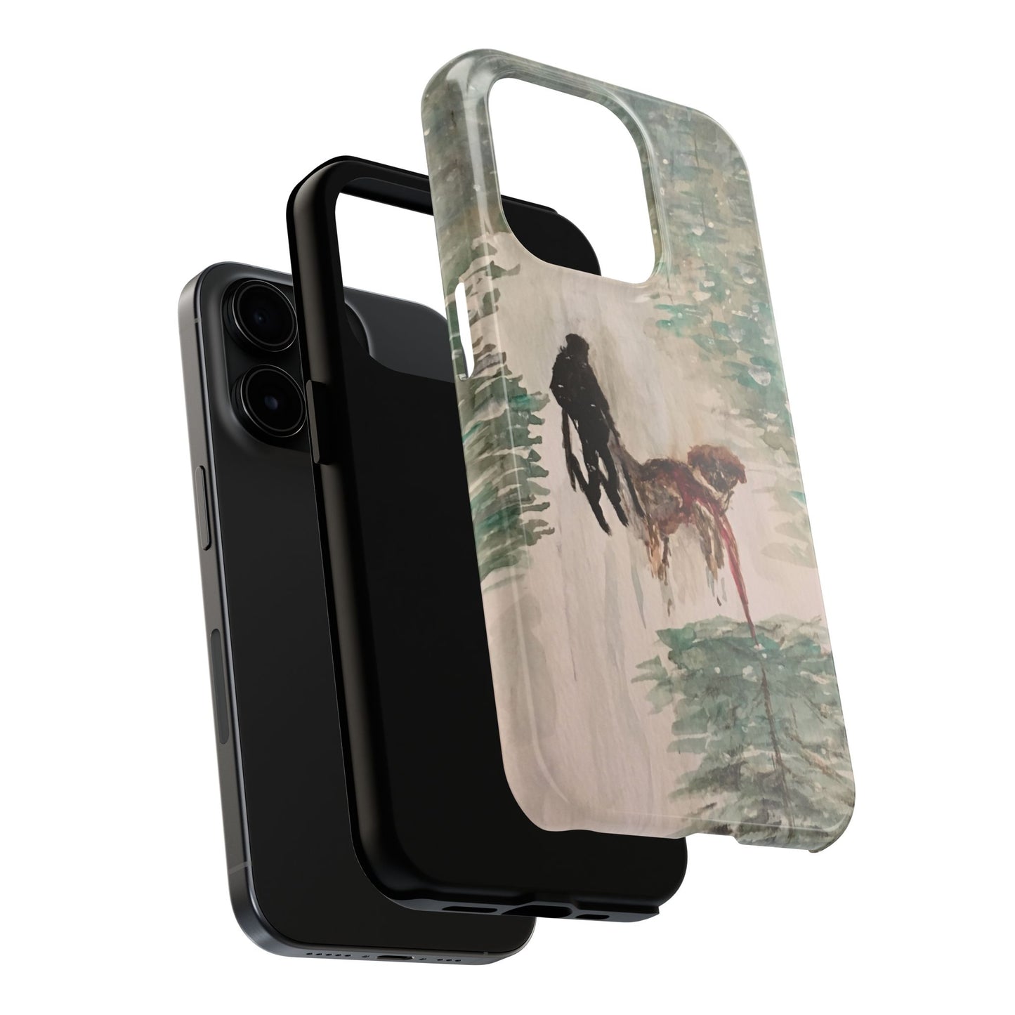 Skier Dog Pulling Tree Tough Phone Cases, iPhone & Samsung cases, wireless charging, pine trees, snow, original artwork, gifts, Christmas