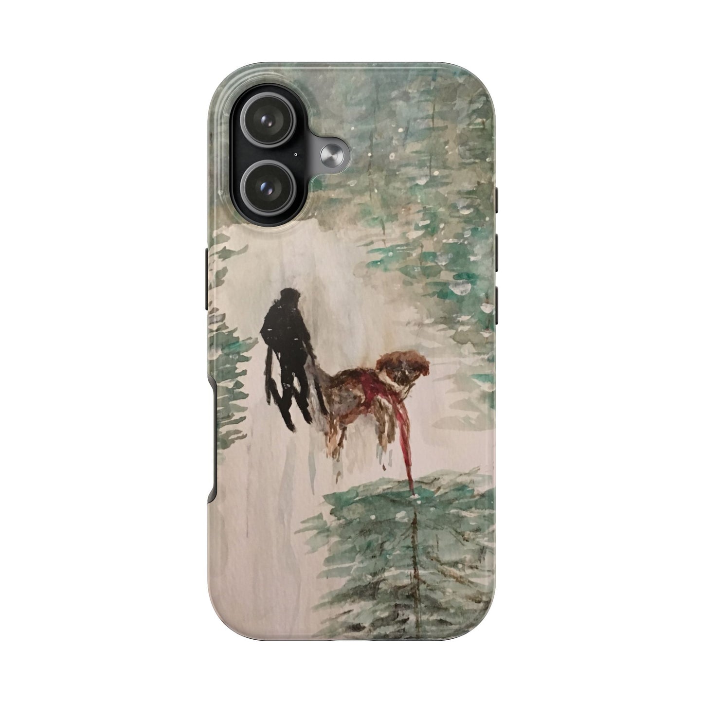 Skier Dog Pulling Tree Tough Phone Cases, iPhone & Samsung cases, wireless charging, pine trees, snow, original artwork, gifts, Christmas
