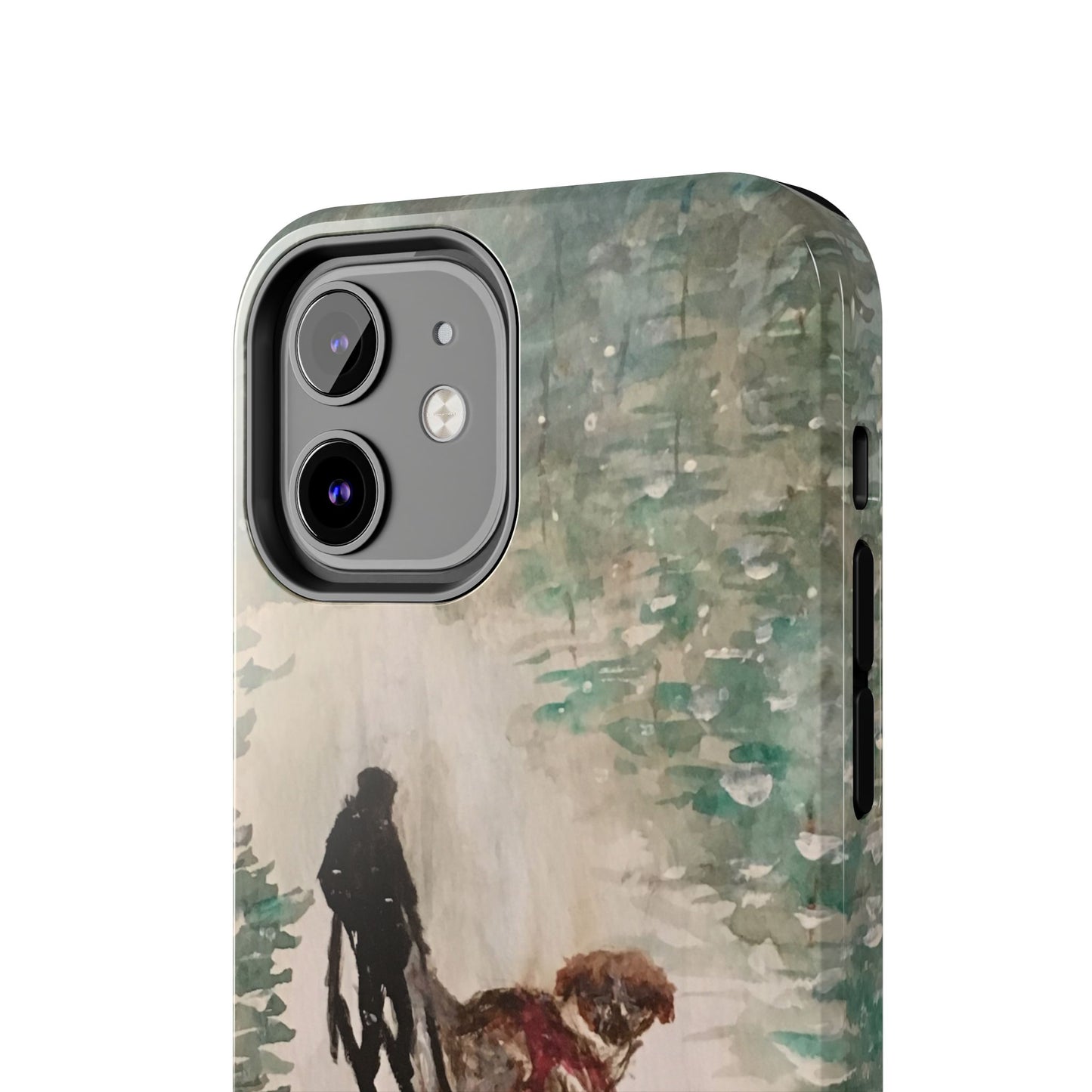 Skier Dog Pulling Tree Tough Phone Cases, iPhone & Samsung cases, wireless charging, pine trees, snow, original artwork, gifts, Christmas