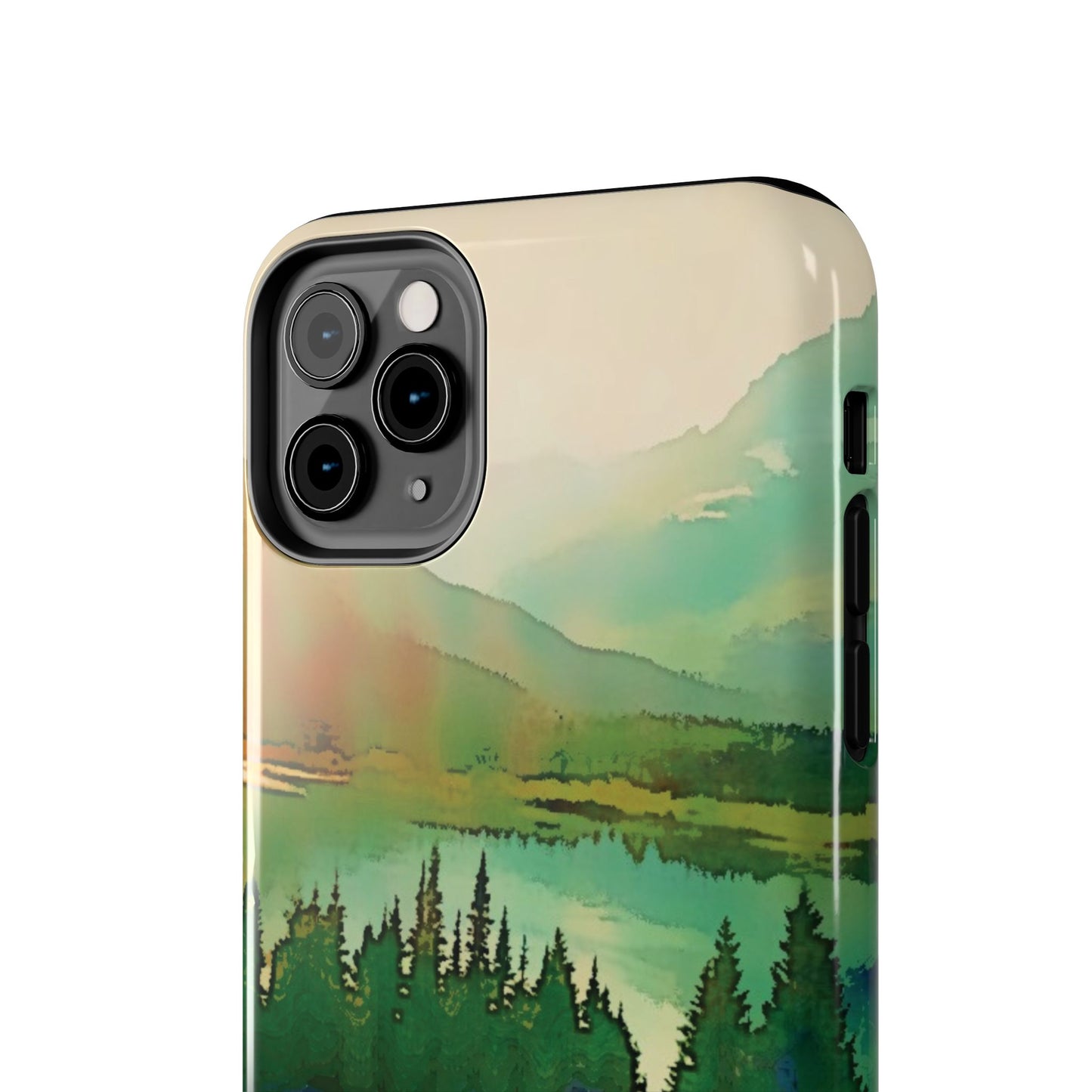 Mountain Lake Tough Phone Cases, iPhone & Samsung cases, wireless charging, trees, nature, colorful, original artwork, gifts, Christmas