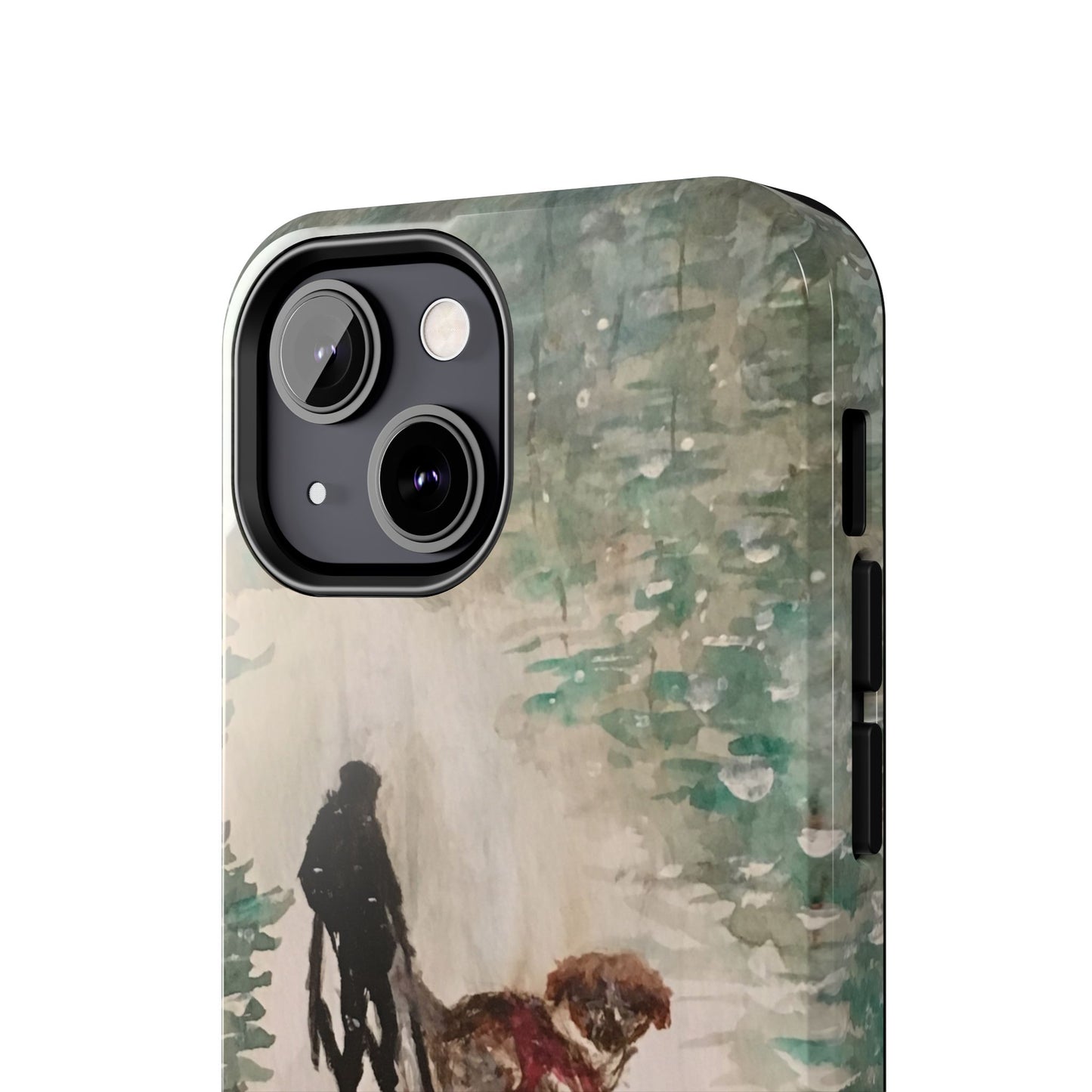 Skier Dog Pulling Tree Tough Phone Cases, iPhone & Samsung cases, wireless charging, pine trees, snow, original artwork, gifts, Christmas