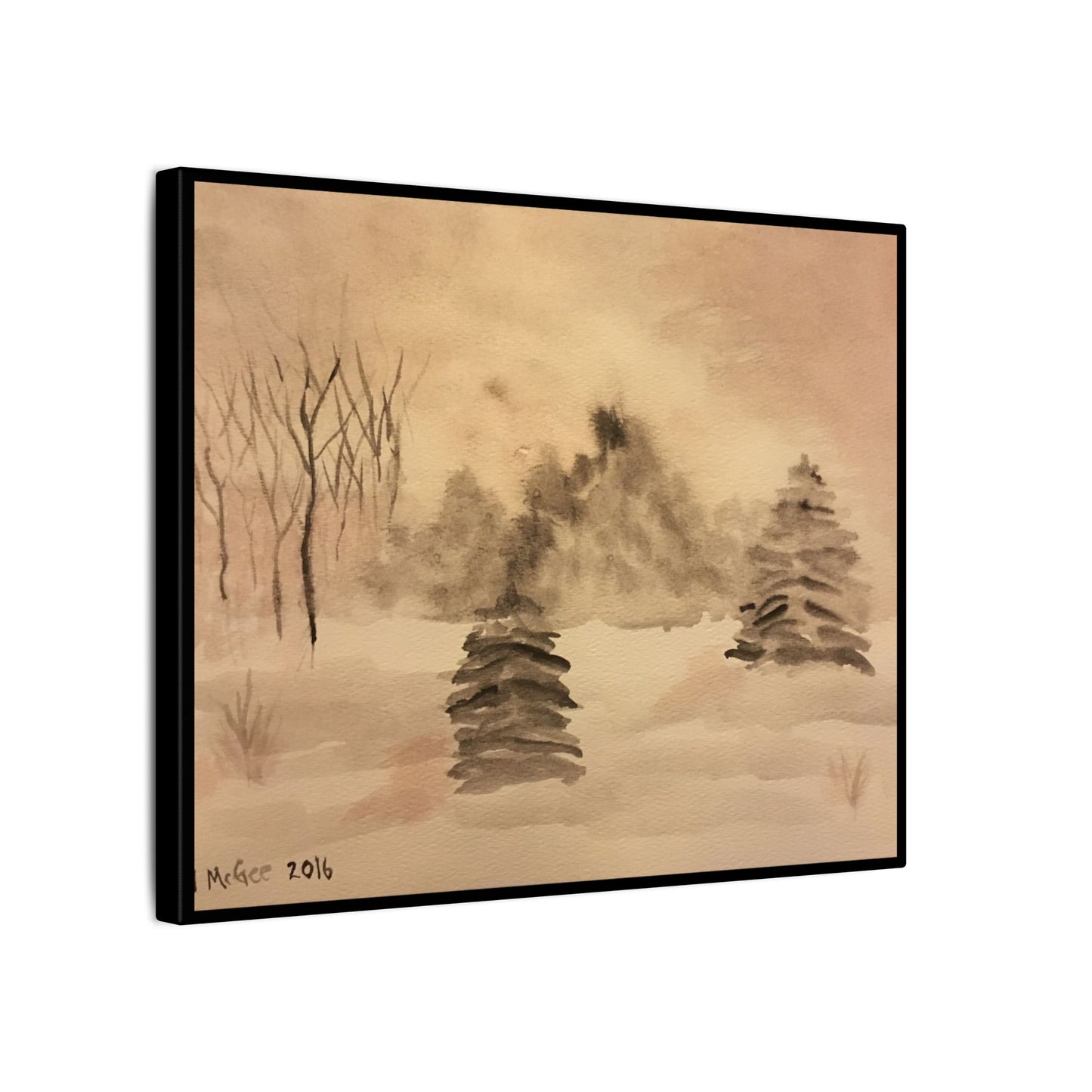 Canvas Wrap Winter Scene, Original Watercolor Print, Snow, Trees, Nature, Matte Print, Artwork, Wall Art, Black Tones, Gift, Christmas