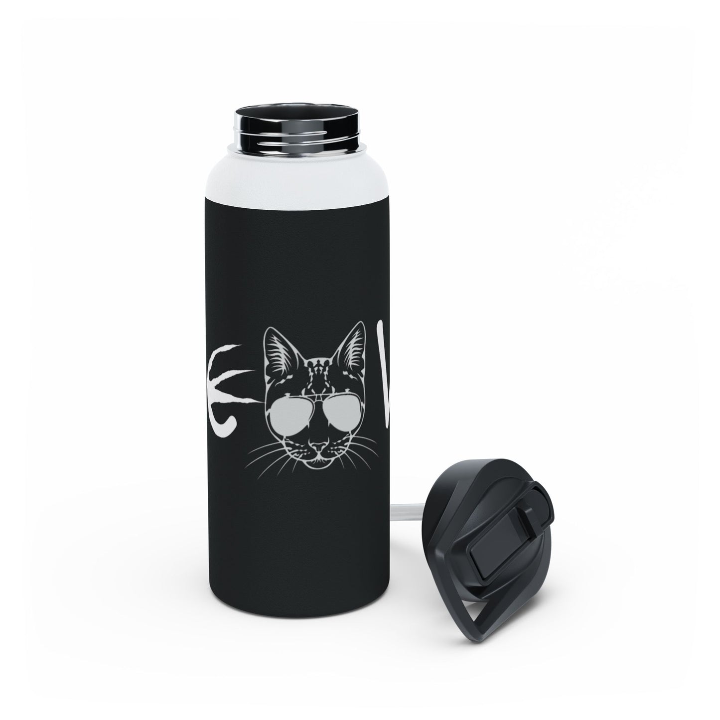 Meow Black Stainless Steel Water Bottle, Cats, Sassy, Fun, Halloween, Election, Gender Neutral, Gift, Exercise, Run, Workout, Eco BPA-free