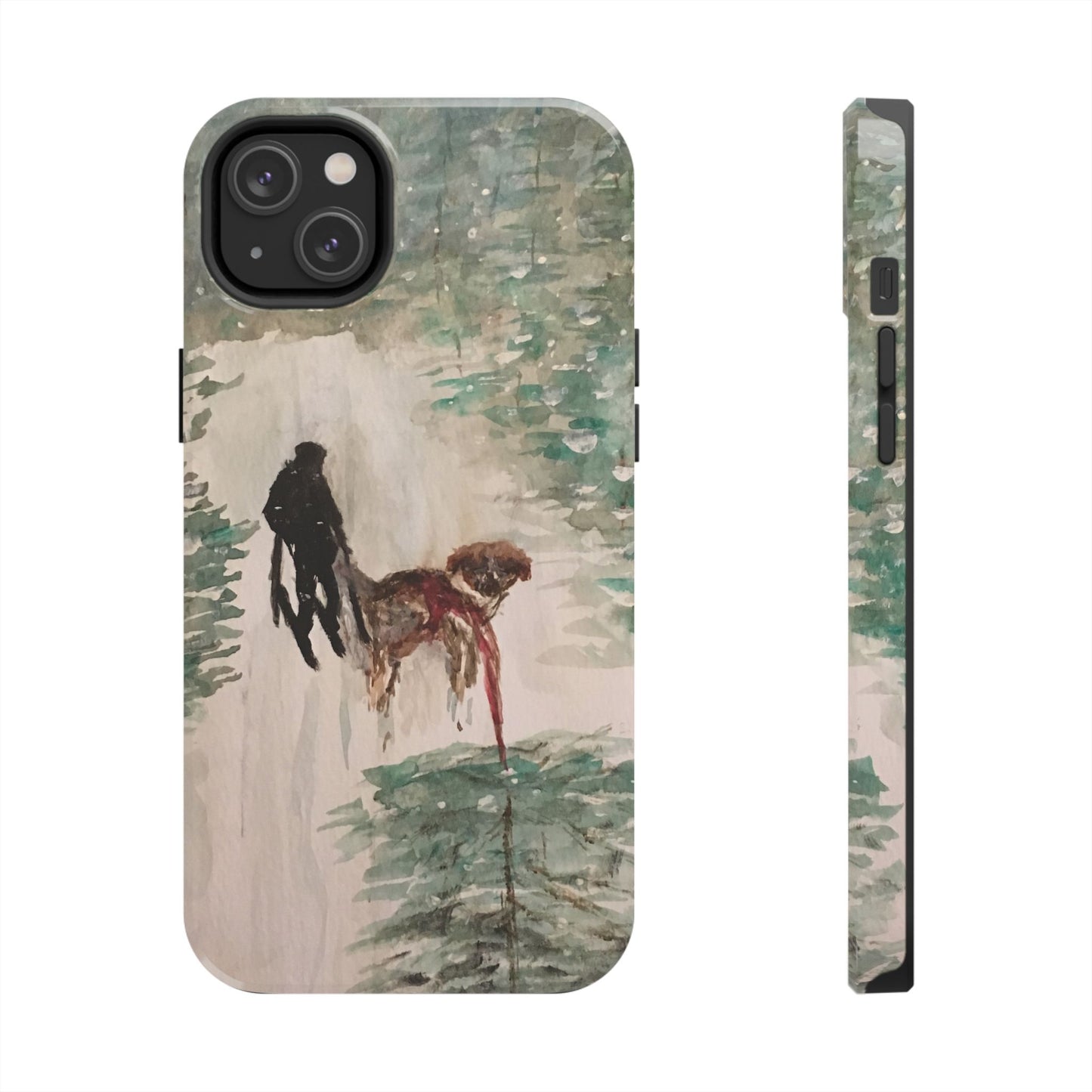 Skier Dog Pulling Tree Tough Phone Cases, iPhone & Samsung cases, wireless charging, pine trees, snow, original artwork, gifts, Christmas