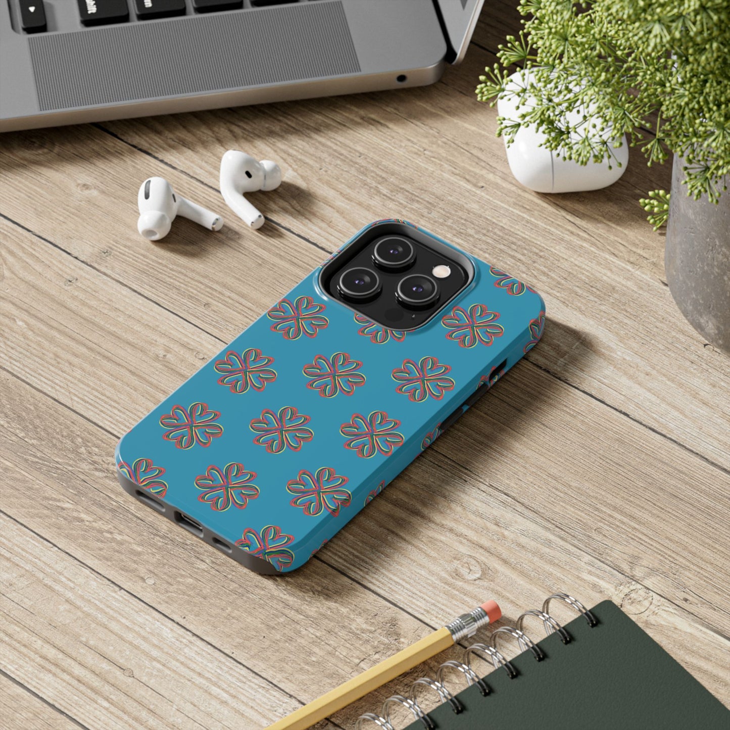 Floral Tough Phone Case, Colorful Turquoise Case, Hard Cover, iPhone Samsung Galaxy Google Pixel, Botanical Print Phone, Wireless Charging