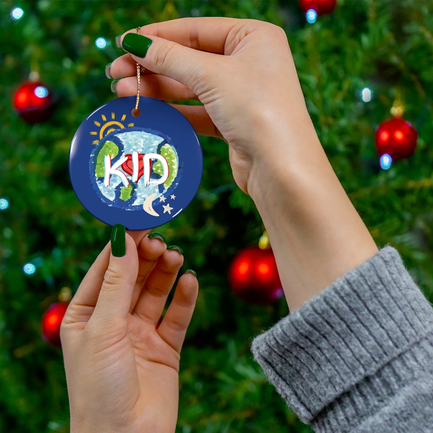 KID Hanging Ceramic Ornament, Whole World, Sun Moon & Stars, Heart, Circle Snowflake Heart Star, Christmas Tree, Holiday, Birthday, Gifts