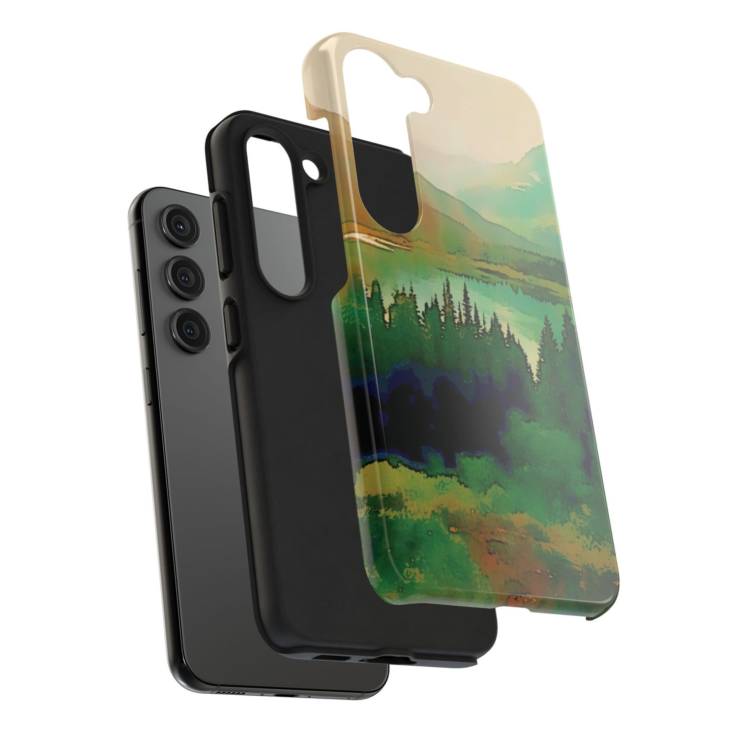 Mountain Lake Tough Phone Cases, iPhone & Samsung cases, wireless charging, trees, nature, colorful, original artwork, gifts, Christmas